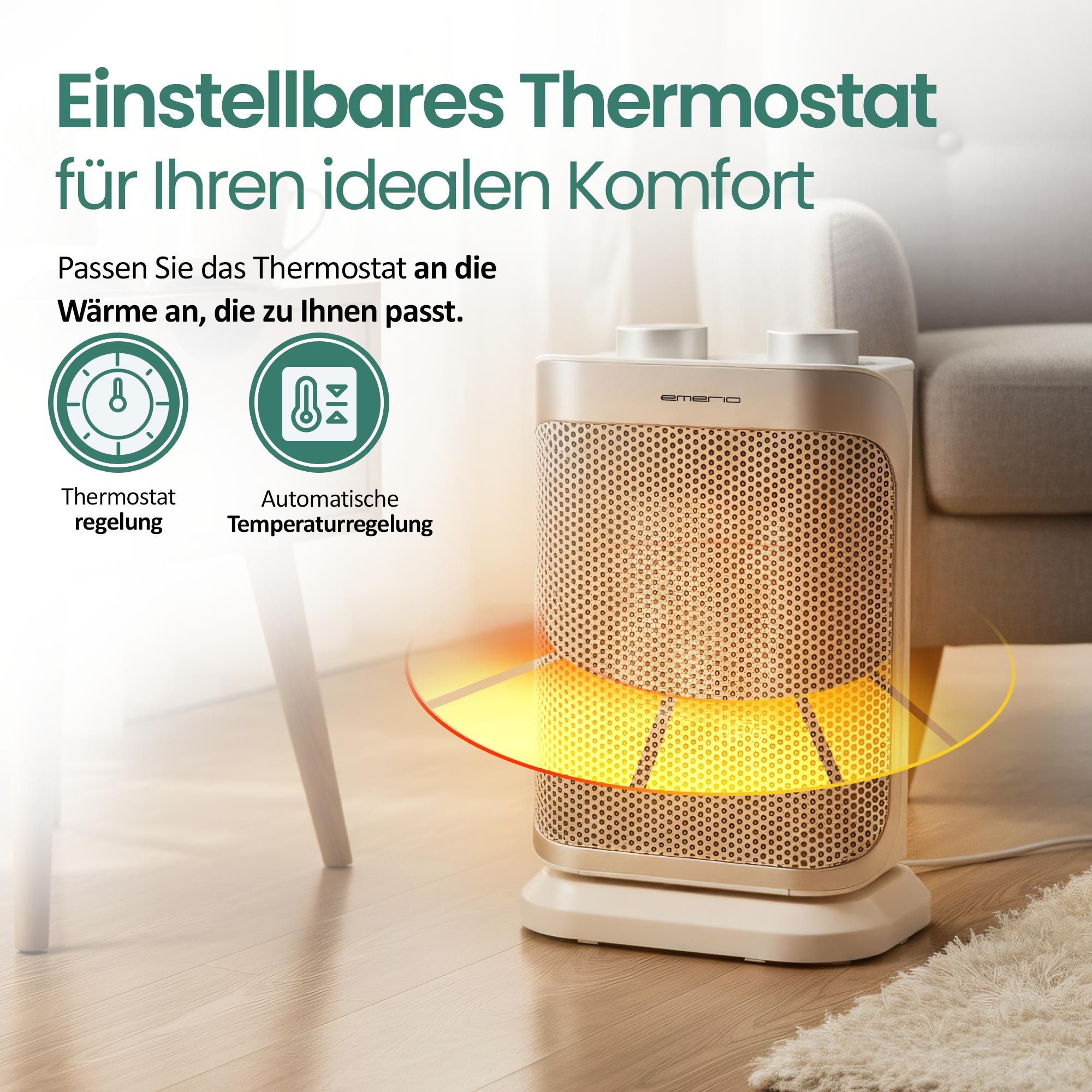 Emerio Heizlüfter FH-110691.4 – für Räume bis 15 m² – IP21 – PTC-Heizelement – 2 Heizstufen – Einstellbarer Thermostat – Oszillierend – Ventilatorfunktion – Kippschutz