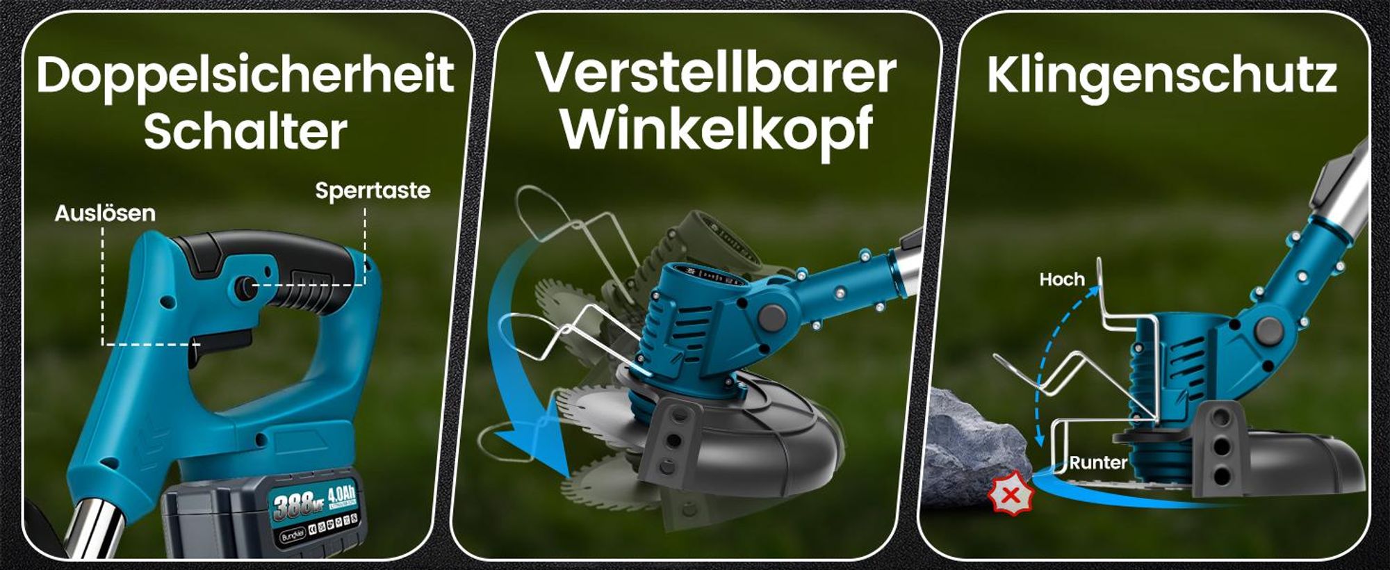 1200W Akku Rasentrimmer mit 2× 4000mAh Akku 21V, Bürstenloser Motor Rasentrimmer Freischneider mit Akkus & Ladegerät
