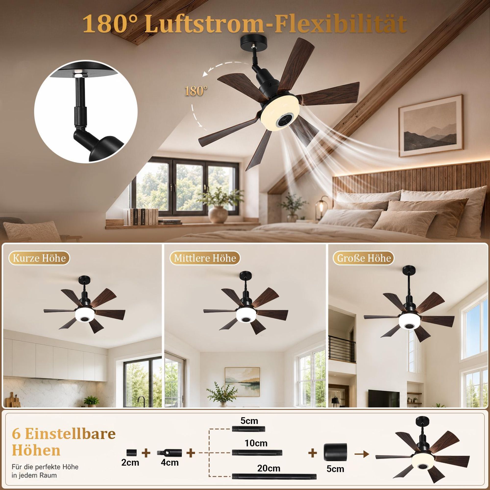 E27 Leise Ventilator φ52cm Deckenventilator mit Licht & Fernbedienung 40W RGB Bluetooth Lautsprecher 3 Windstufen, Lampe mit Ventilator Schlafzimmer