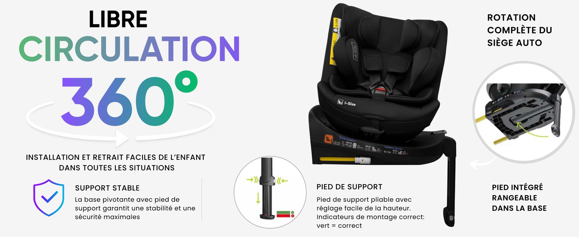 Siège auto pivotant 360° avec pied de support réglable et indicateurs de montage