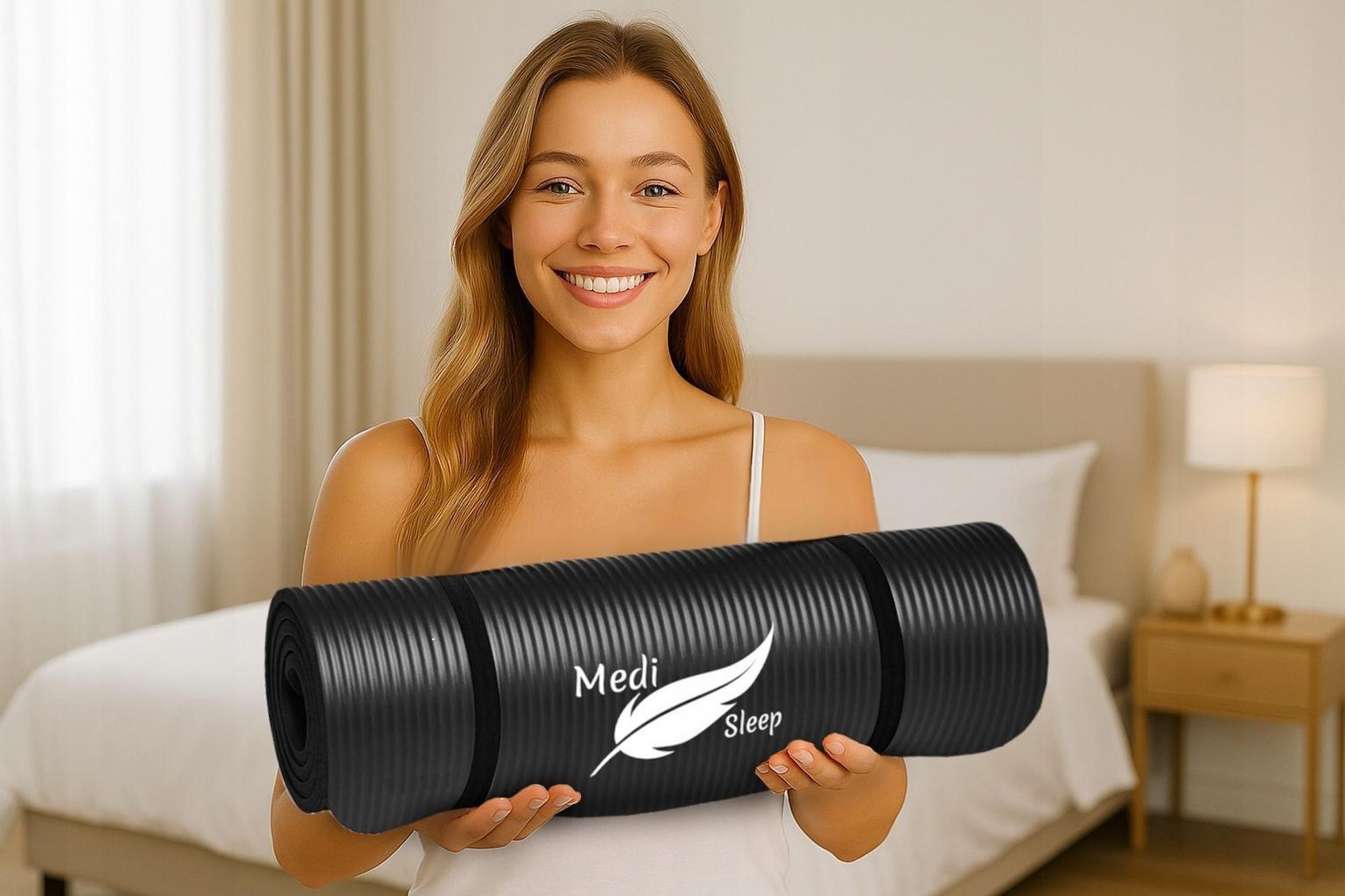 Čierna športová podložka, na fitness, jogu, cvičenie, s popruhom na nosenie, protišmyková