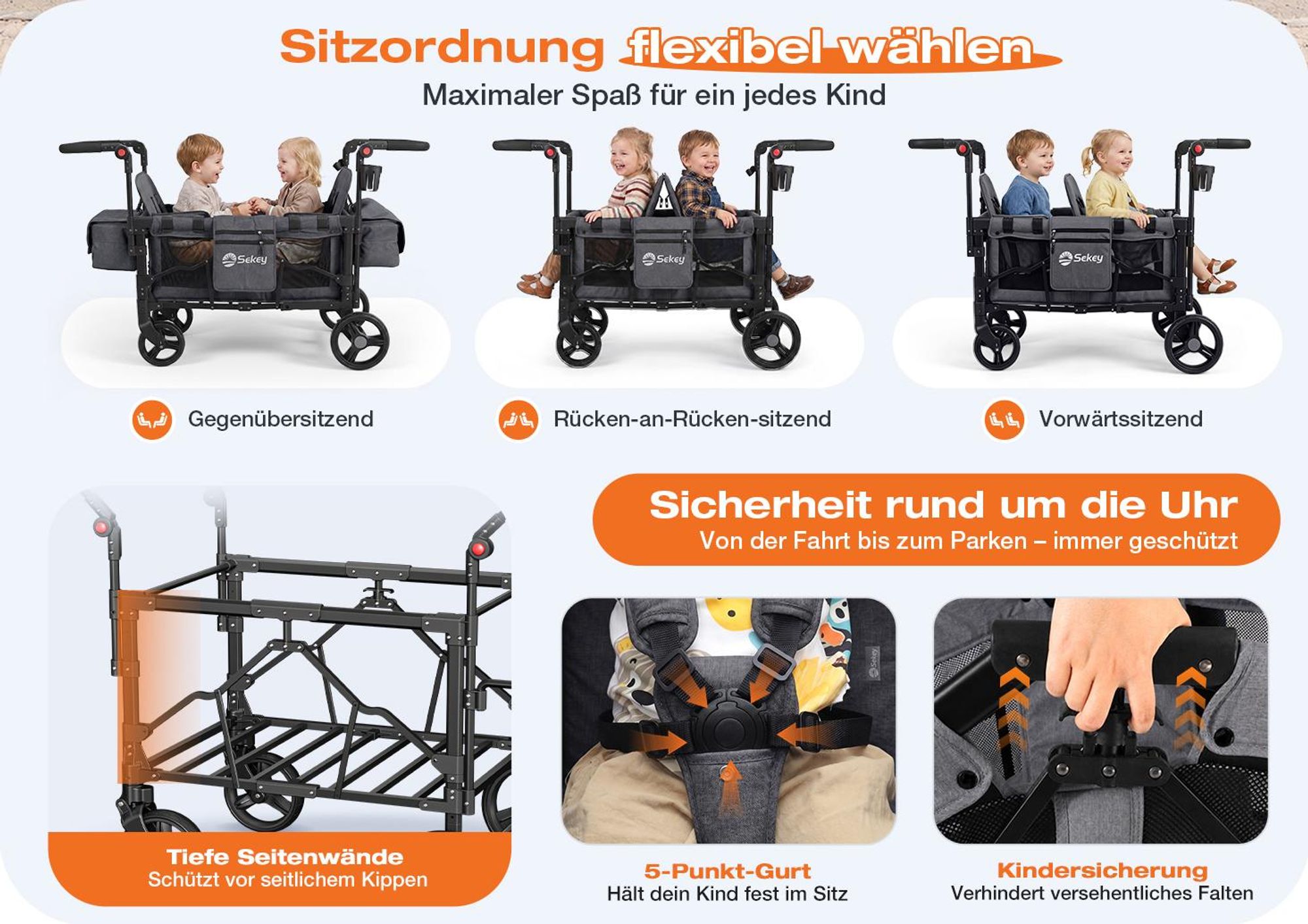 Sekey Bollerwagen Faltbar mit Dach Zwillingsmodus Kinderwagen Doppelsitz mit 2x 5-Punkt-Gurtsystem, Schwarz