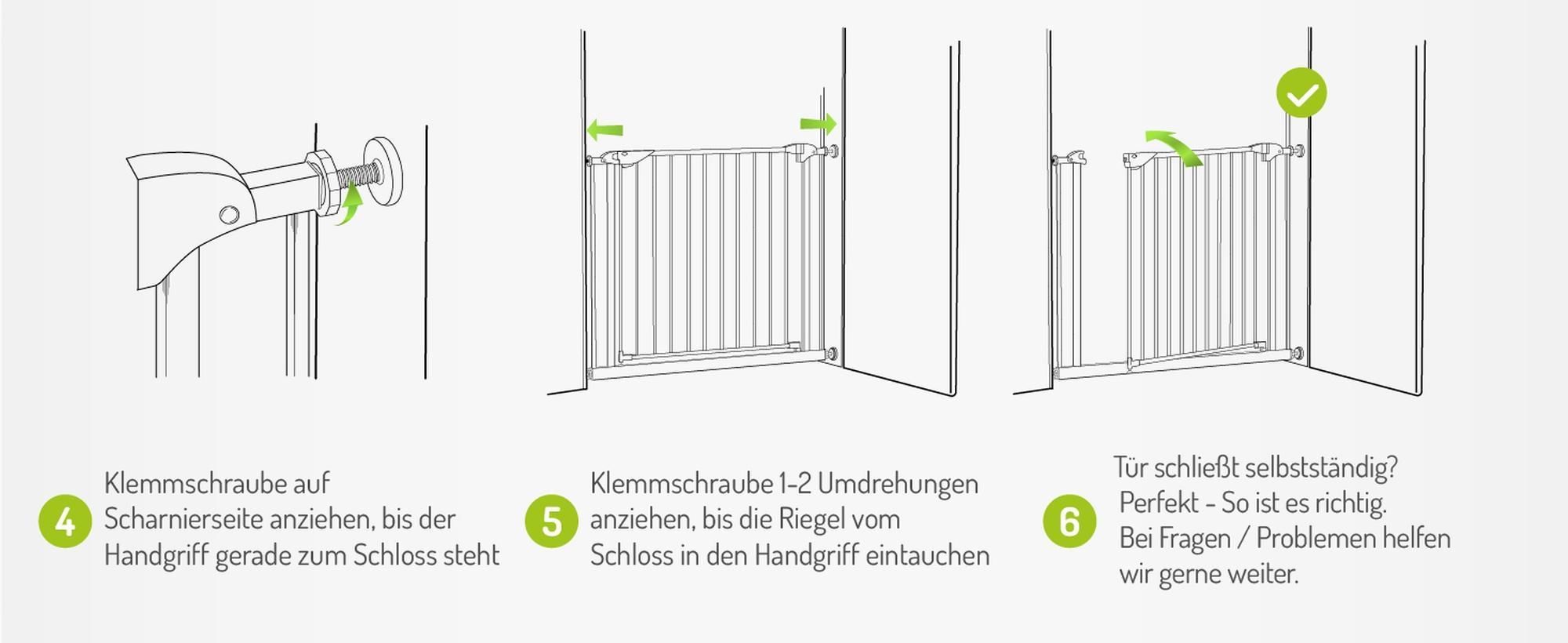 BOMI® Türschutzgitter Ohne Bohren 63-251 cm | 90° Feststellfunktion | Schließt automatisch | Kinderschutzgitter zum Klemmen