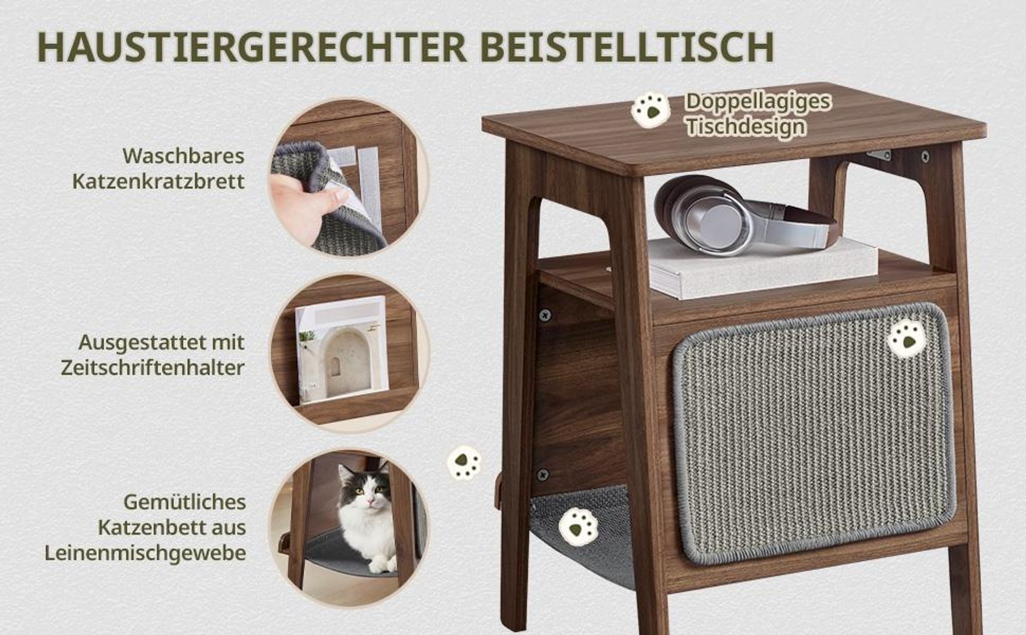 Yaheetech Beistelltisch mit Katzenbett & Kratzbrett, Nachttisch mit Katzenhaus, Katzenmöbel, Nussbaum Braun