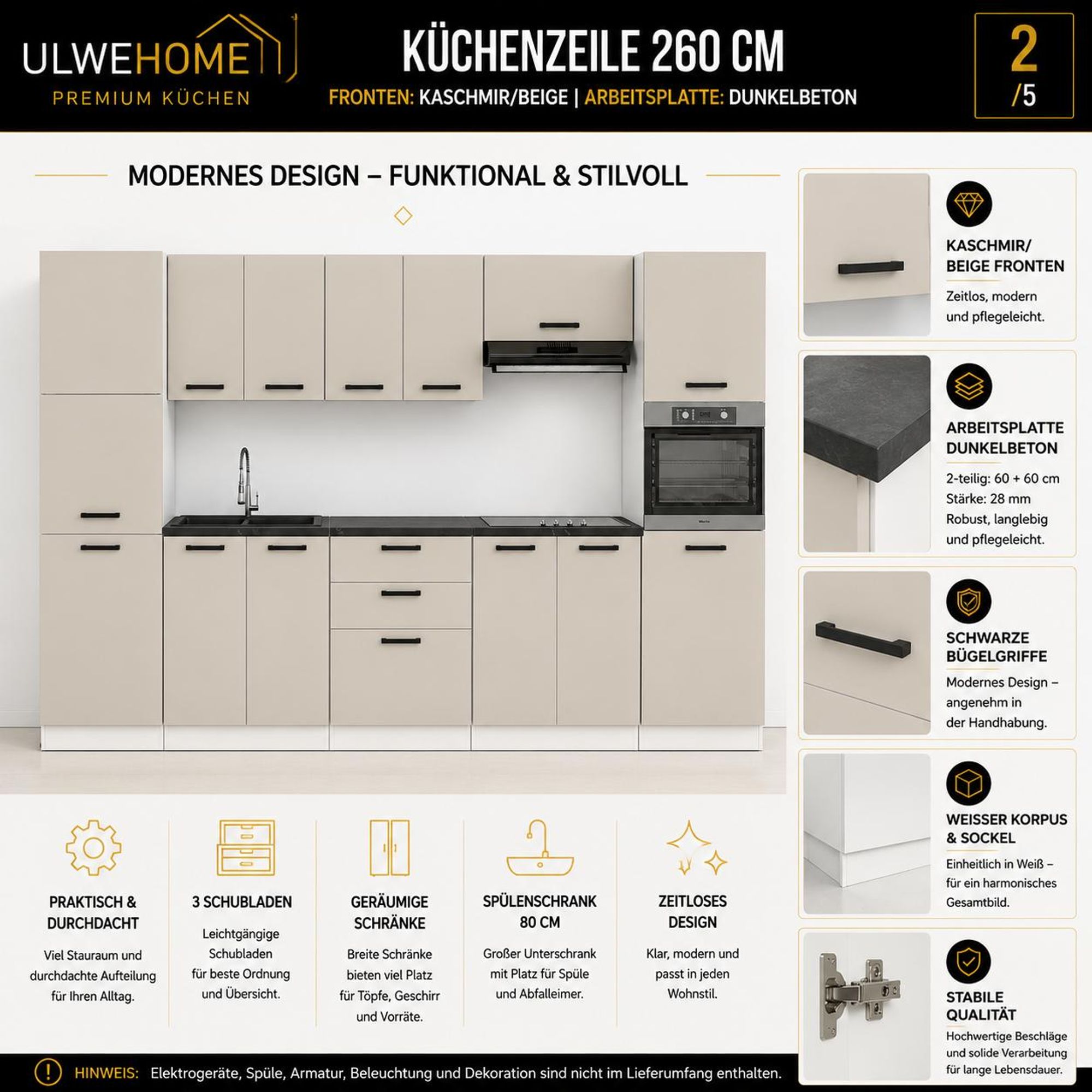 Küchenzeile Kaschmir Beige: 2 Hochschränke, Arbeitsplatte 60+60 cm & Griffe