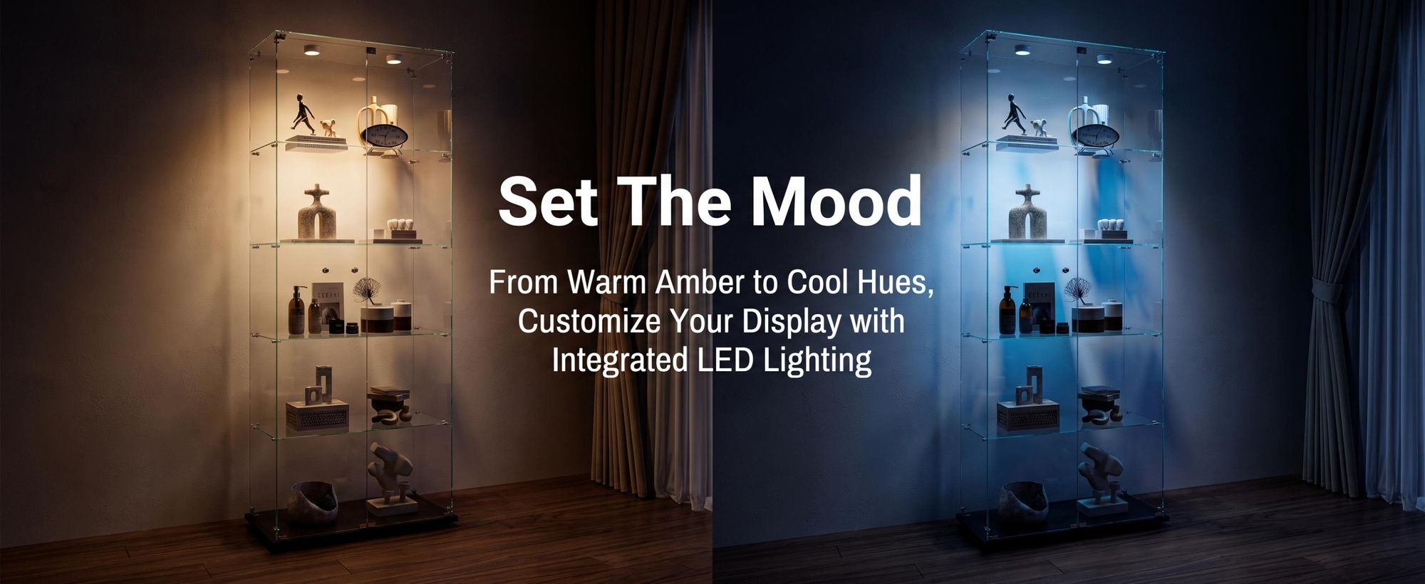 INONEFT Glasvitrine mit LED-Beleuchtung, 2 Türen und 5-stufig, Vitrinenschrank, Vitrine Sammlervitrine für Sammlerstücke und Wein, Schwarz
