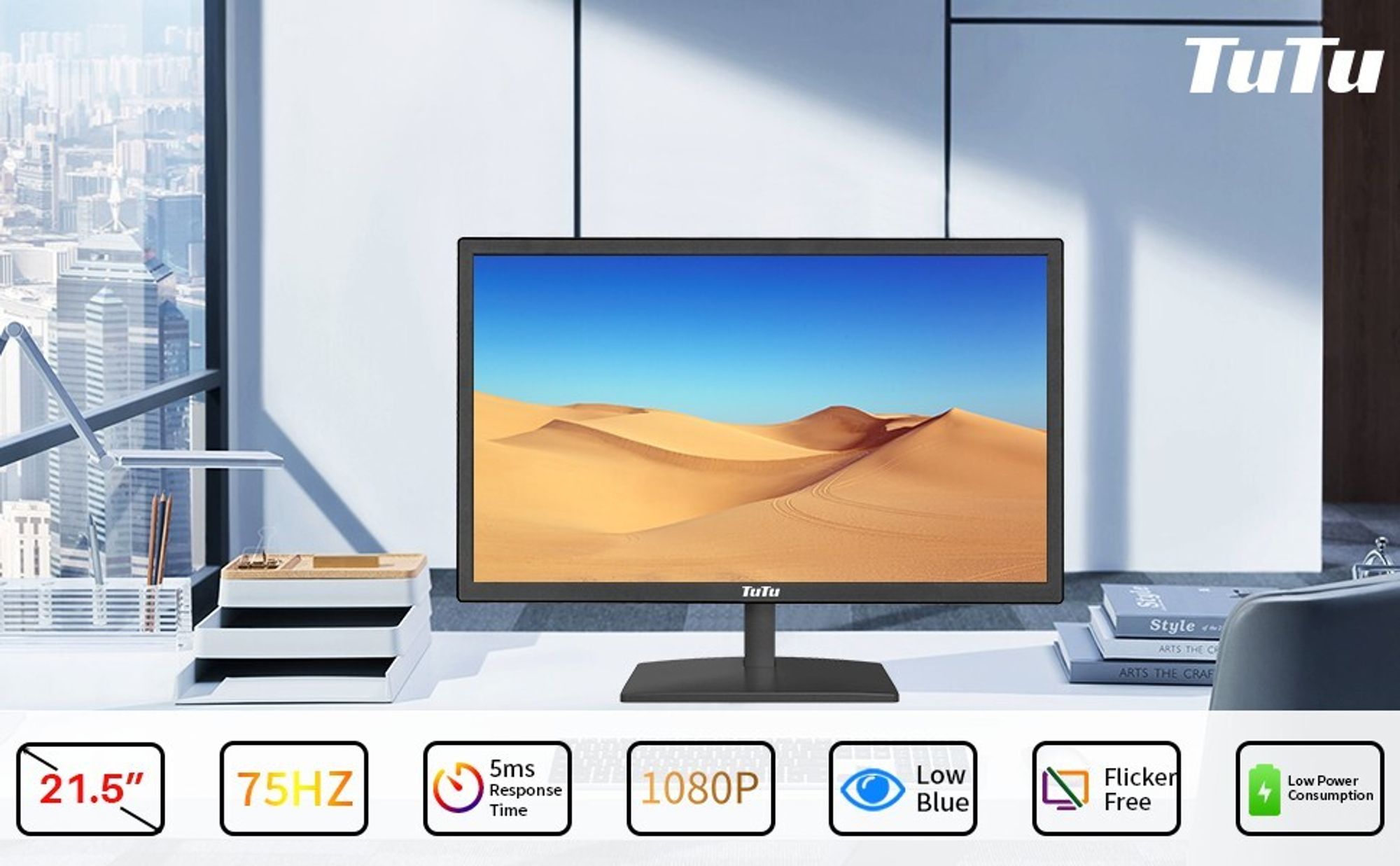 TuTu F2145M 22-Zoll Full HD 75Hz LED Monitor HDMI,VGA,Audio Out Inklusive HDMI Kabel