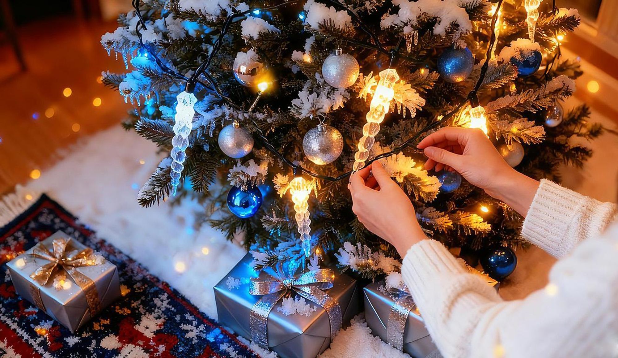 LED Lichterkette Weihnachtsbaum Lichterkette mit Warm+Kaltweiß funkelnden Eiszapfen 11 Modi/ 1,5m 8 Girlanden für 60cm - 150cm Tannenbaum
