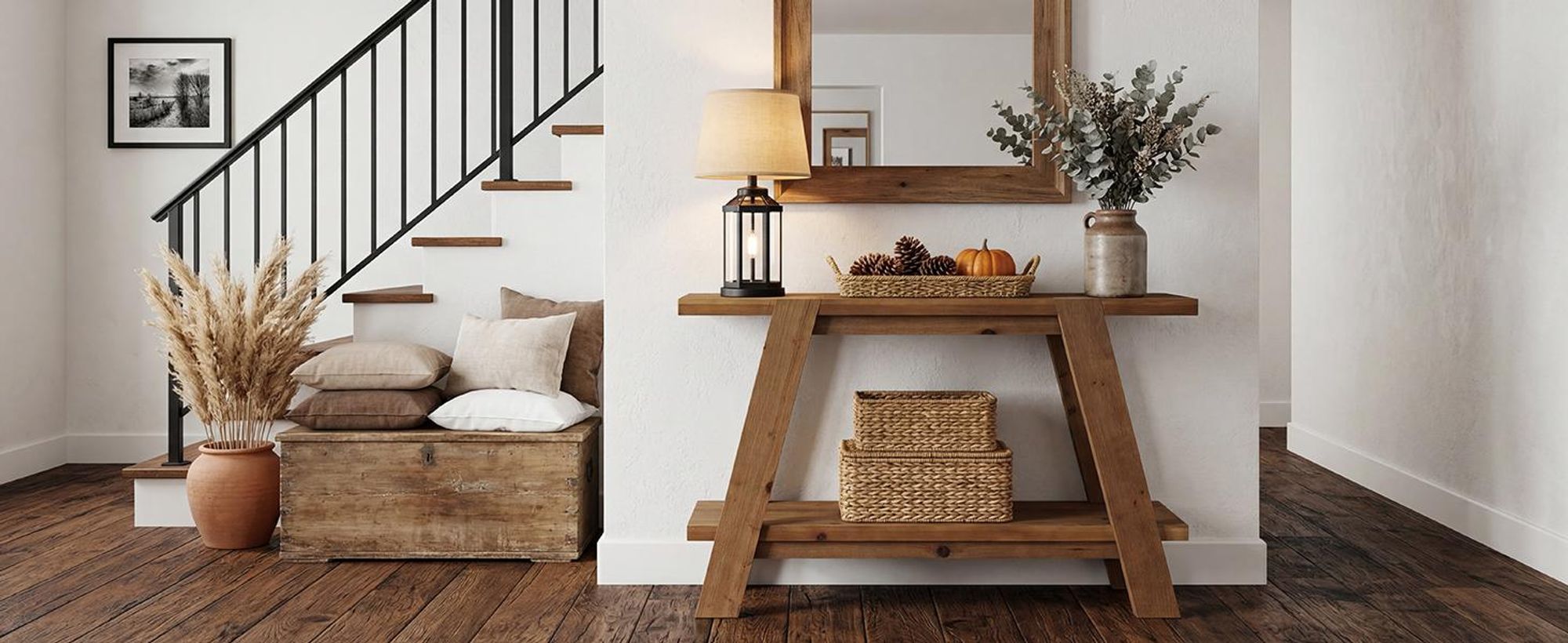 Konsolentisch, 110cm Beistelltisch aus Massivholz im Landhausstil, Eingangstisch mit zwei Ebenen, Flurtisch hinter dem Sofa für Wohnzimmer,Sofatisch