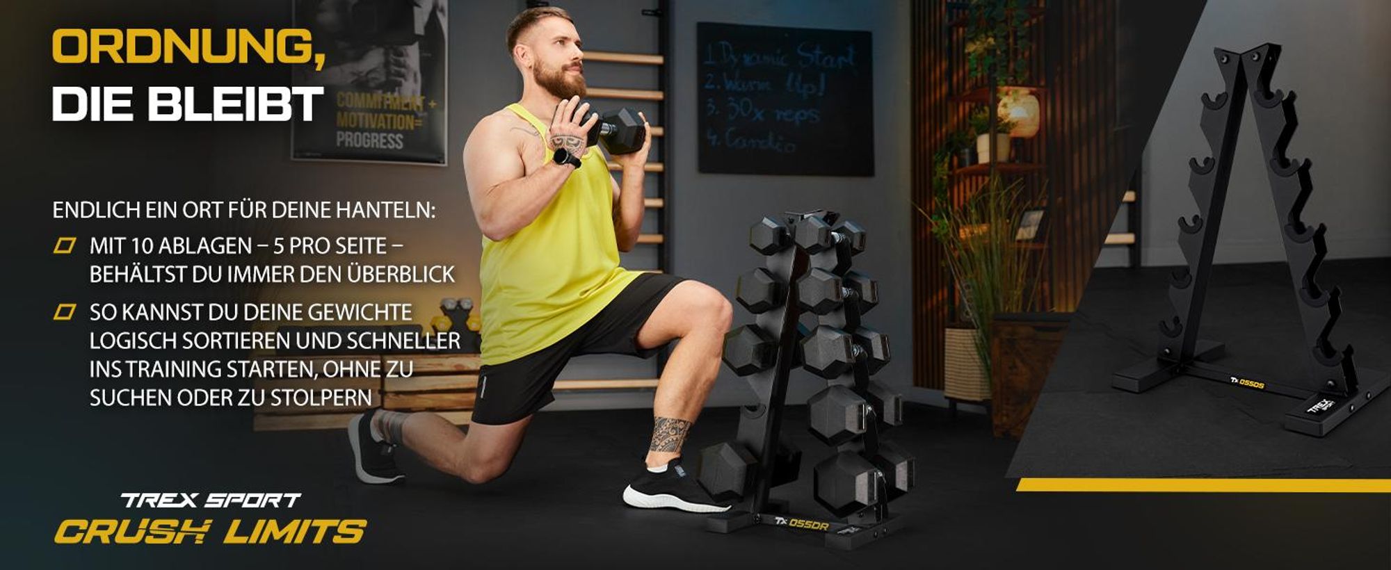 Das Bild zeigt einen Hantelständer mit Hanteln und ein Mann trainiert mit Hanteln