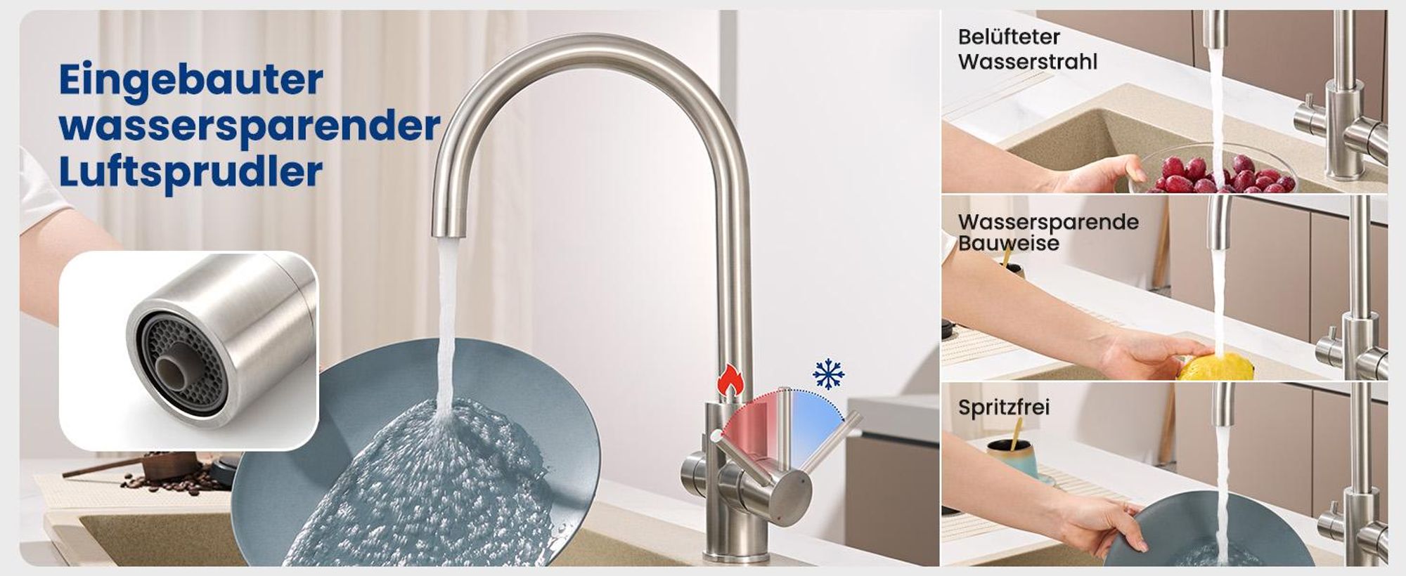 3 in 1 Filterwasserhahn Küche mit Filteranschluss, 360° Drehbar 3 Wege Küchenarmatur Gebürstet, Edelstahl Spültischarmatur, Cecipa MAX Trinkwasserhahn