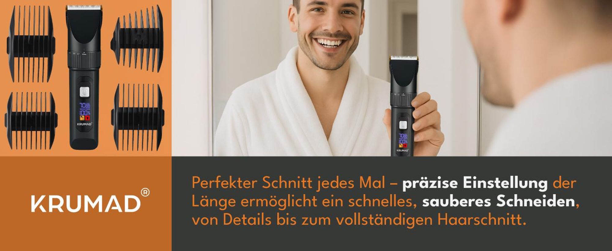 KRUMAD Haarschneidemaschine Herren - Professioneller Haarschneider mit LCD-Display, 4 Geschwindigkeiten, Keramikklinge & USB-Aufladung