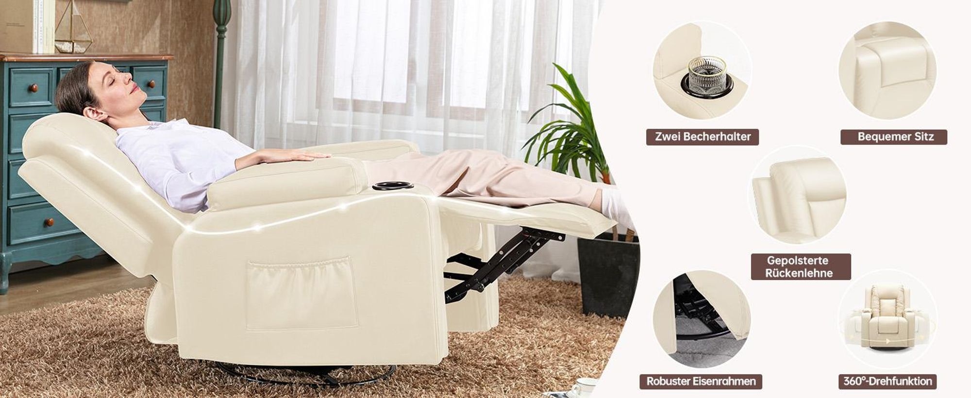 COMHOMA Relaxsessel mit Wippfunktion Fernsehsessel TV Sessel mit Liegefunktion, Dicke Rückenlehne und Armlehnen, 360°drehbar für Zuhause/Büro, weiß