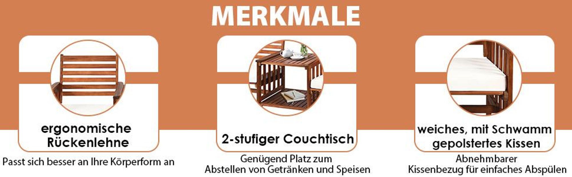 COSTWAY Gartenbank mit Tisch, 2-Sitzer Holzbank mit Sitzkissen & Schirmloch, Sitzbank aus Akazienholz bis 350 kg, Terrassenbank, 165 x 65 x 88 cm