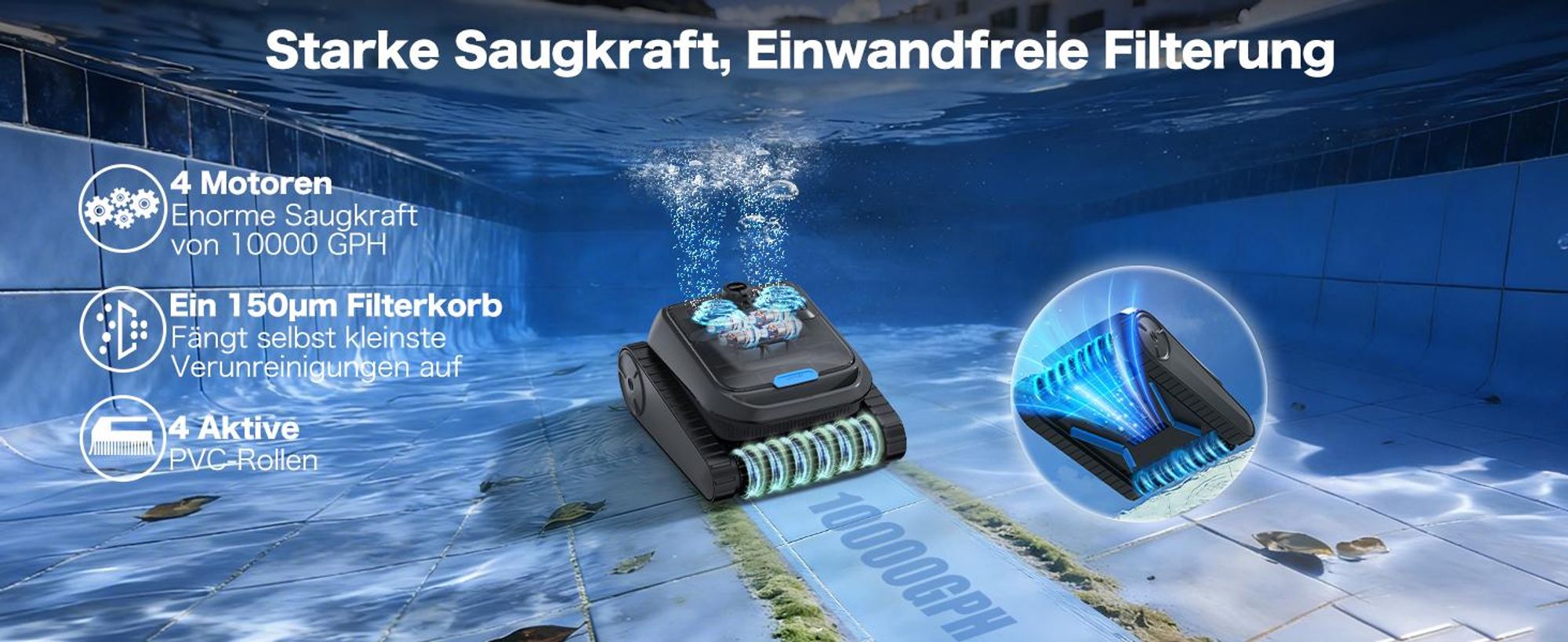 AIRROBO CP400 Poolroboter, Intelligente Navigation, Selbsteinparkfunktion, All-in-One Poolreinigung für Wasseroberfläche/Boden/Wand/Wasserlinie
