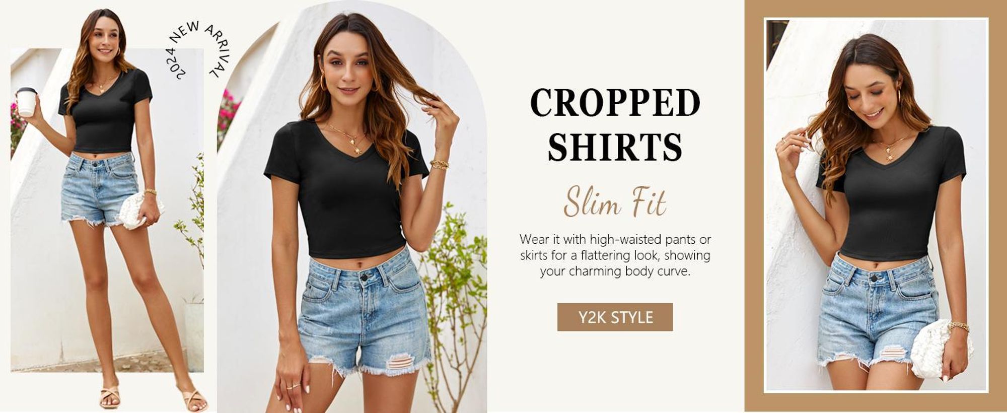 Kurzes Damen-Top, gerippter V-Ausschnitt, Kurzarm, sommerliches Basic-T-Shirt, schmale Passform, Y2K-Shirt