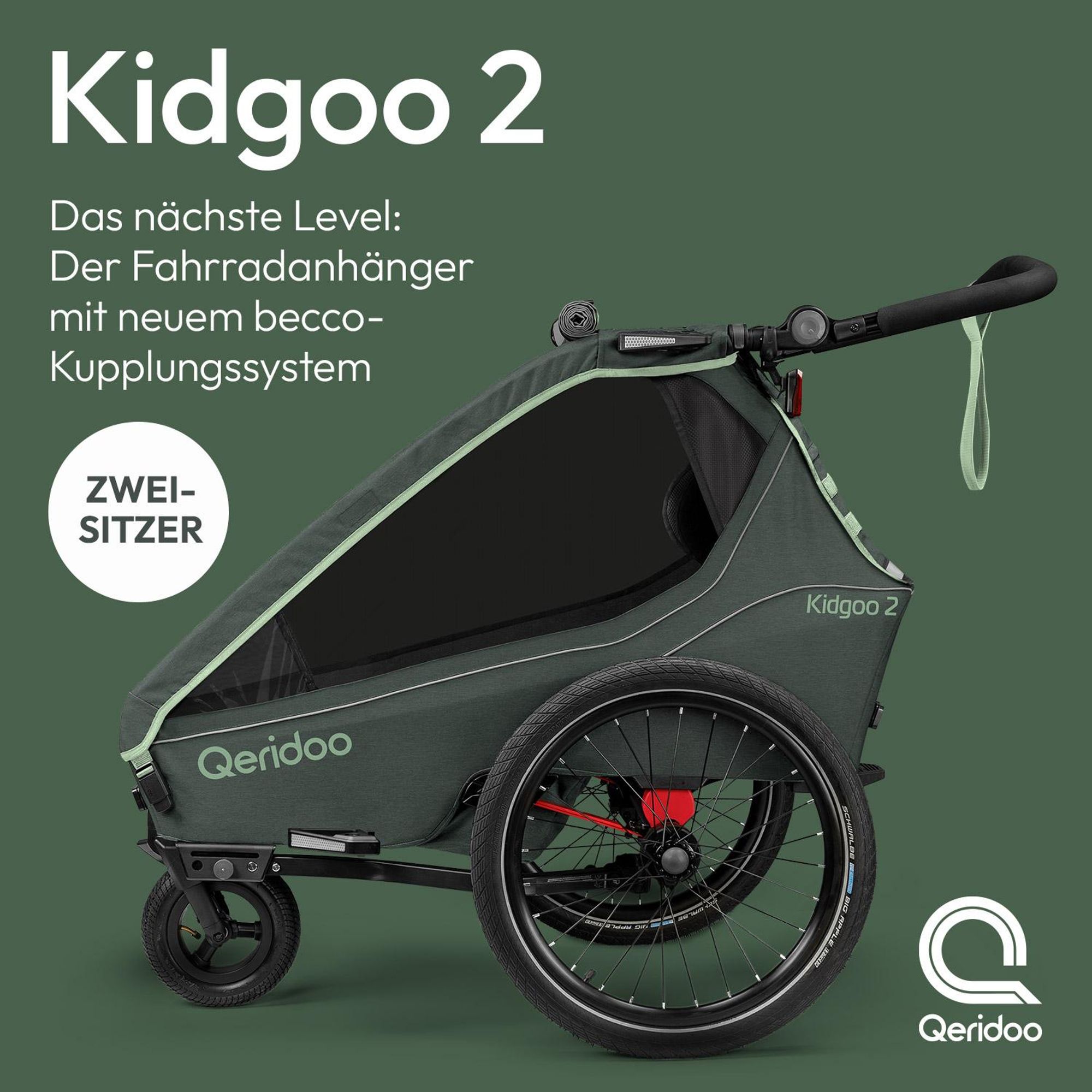 Qeridoo Kidgoo 2- Kinderfahrradanhänger für 2 Kinder, Farbe: Forest Green