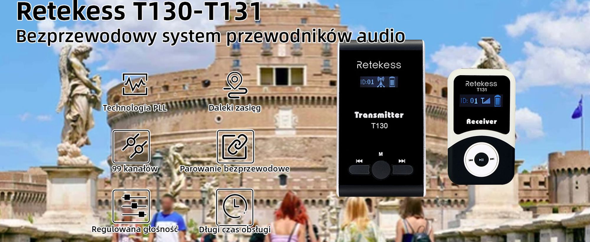 Retekess T130-T131 Bezprzewodowy System Tour Guide, z etui ładującym TT006 64 do Biura podróży, szkoleń, 4 nadajniki 60 odbiorników