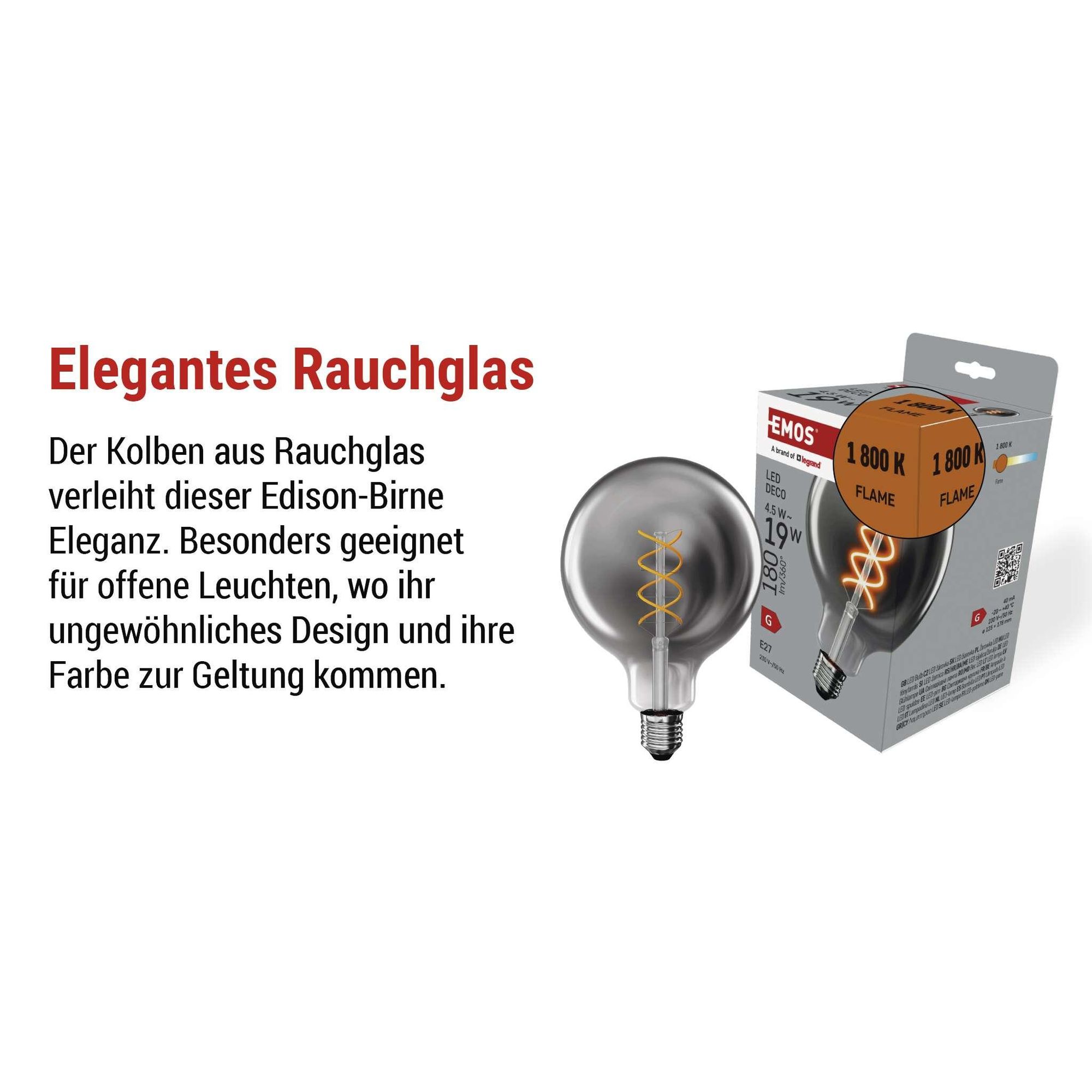 EMOS Edison LED-Lampe DECO SMOKED, 4,5W Ersatz für 19W Glühbirne, E27 Sockel, Globe G125 Form, Helligkeit 180lm, Warmweiß 1800K, Rauch-Farbe, Z58311