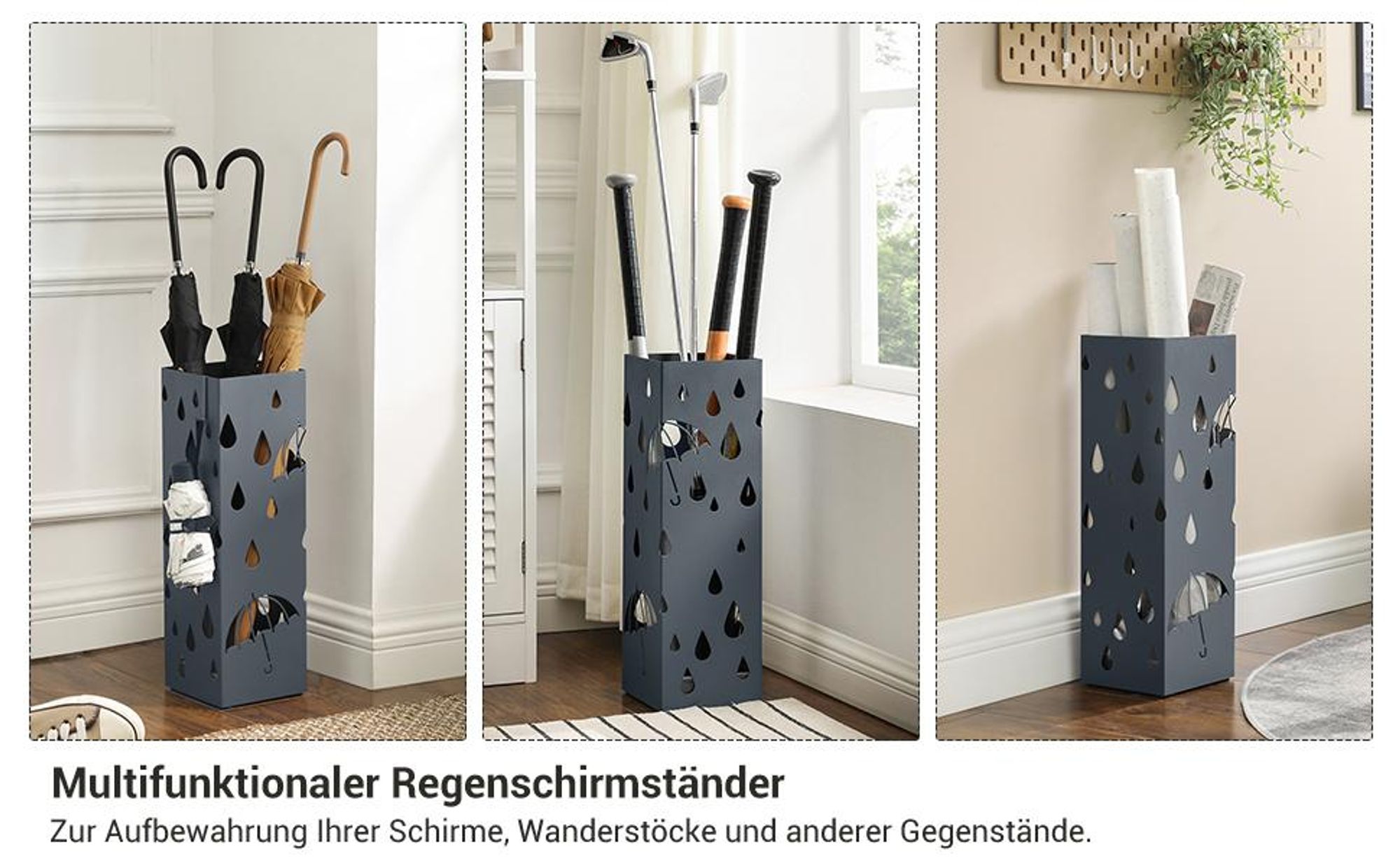 SONGMICS Regenschirmständer ,Schirmständer, quadratisch, mit Wasserauffangschale und 4 Haken anthrazit