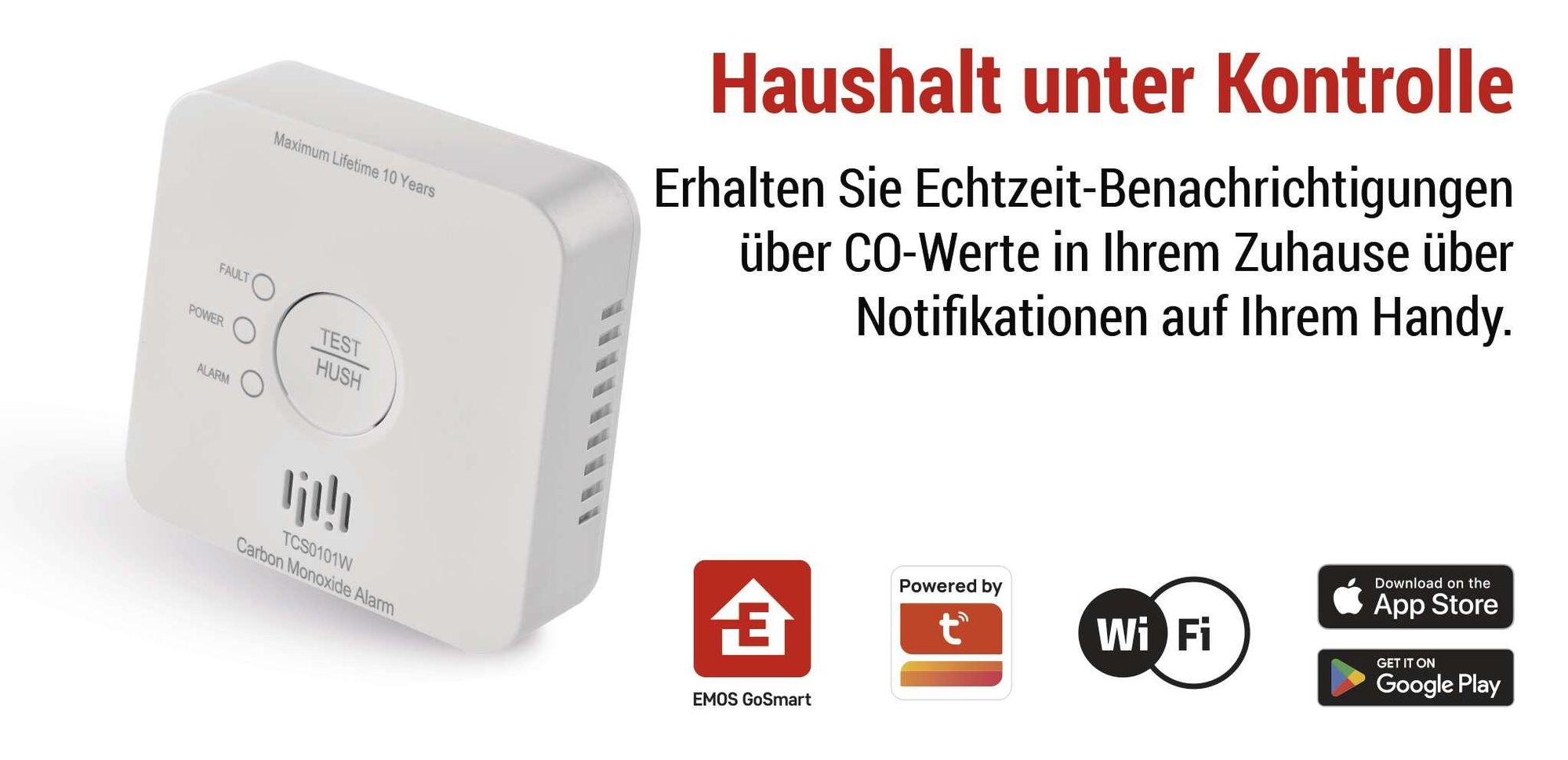 EMOS GoSmart - Smart Home CO-Melder - WiFi, optischer und 85dB Alarm, batteriebetrieben, Wandmontage, 10 Jahre Lebensdauer, inkl. Batterie , P56400S
