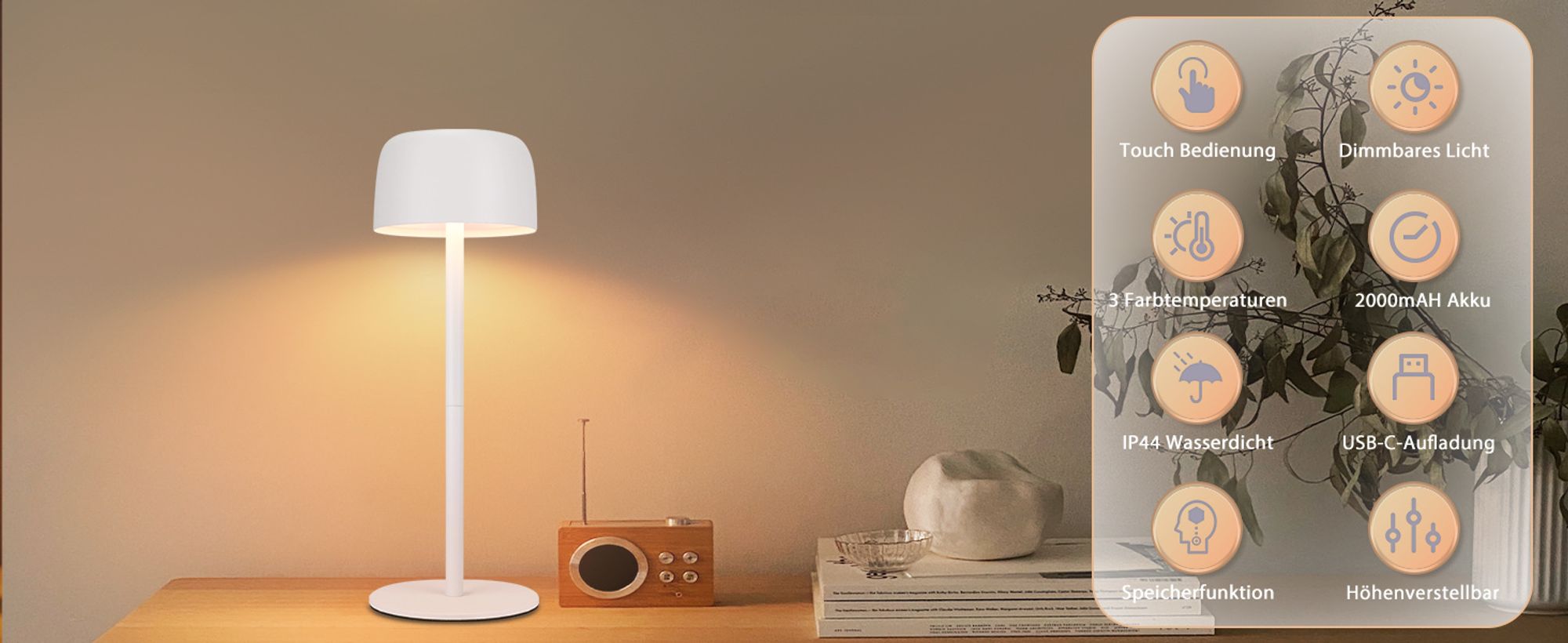 ZMH LED Tischlampe Kabellos 2ER Touch Dimmbar Tischleuchte mit 3 Farbtemperaturen Höhenverstellbar USB Aufladbar Akku Tragbare Wasserdichte