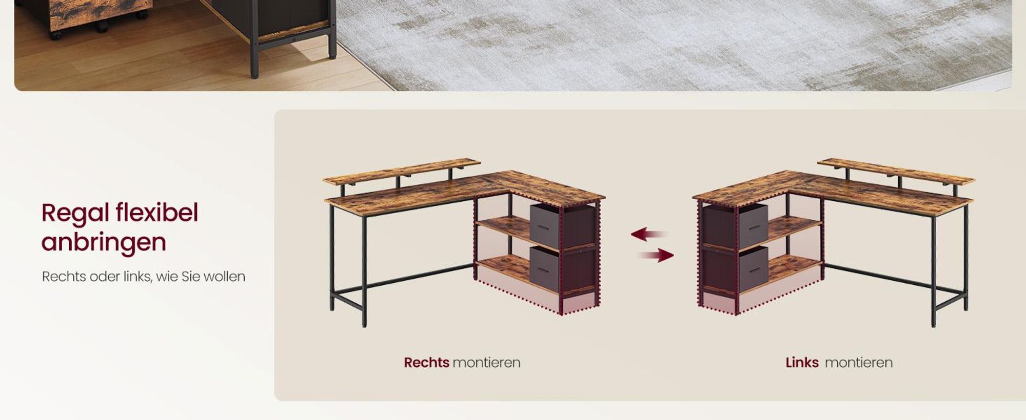 VASAGLE Eckcomputertisch mit Monitorständer, L-förmiger Arbeitstisch, 2 Schubladen, höhenverstellbar, 155 x 105 cm, braun