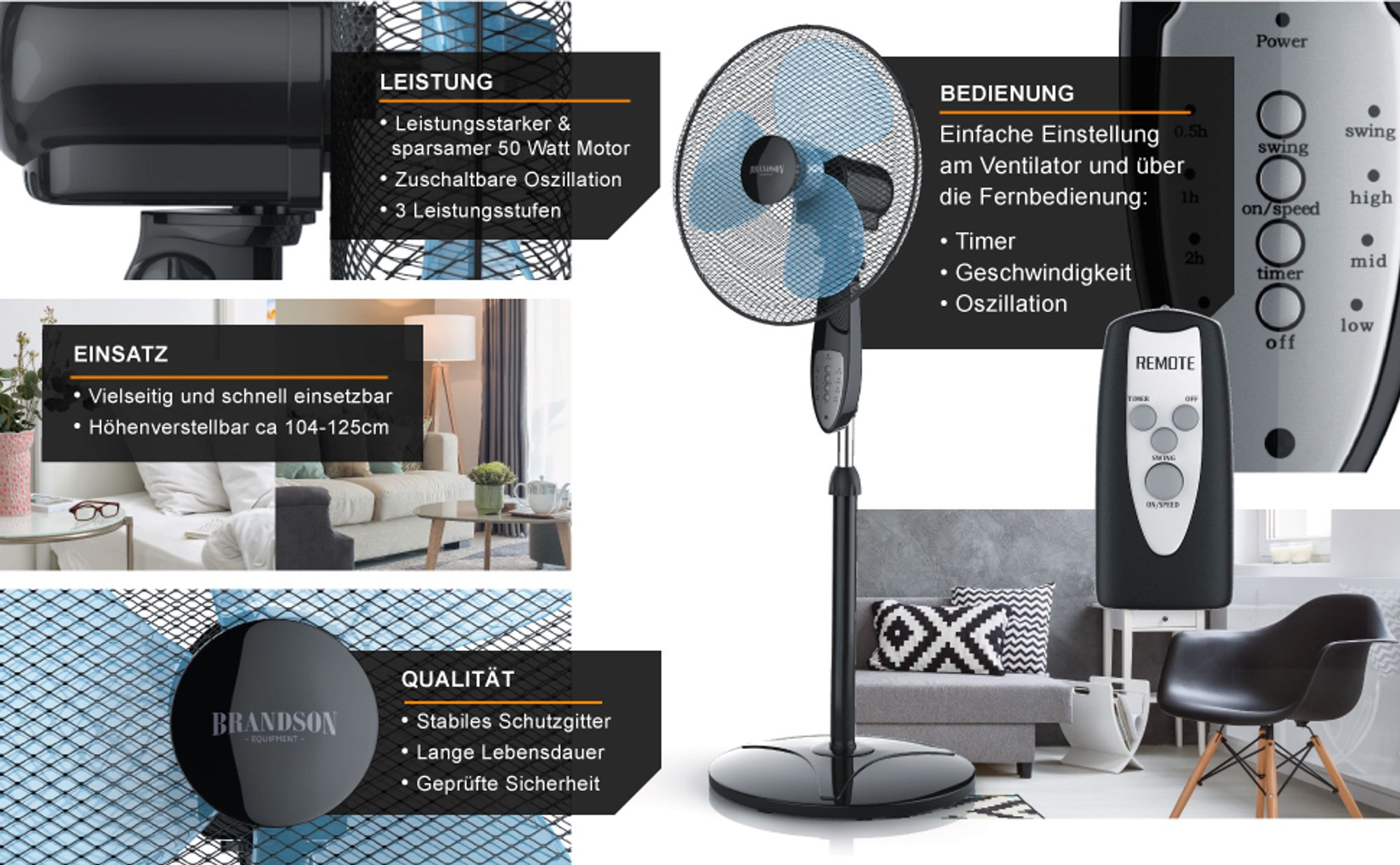 Schwarzer Standventilator mit Fernbedienung, Infos zu Leistung, Bedienung, Qualität und Einsatzort
