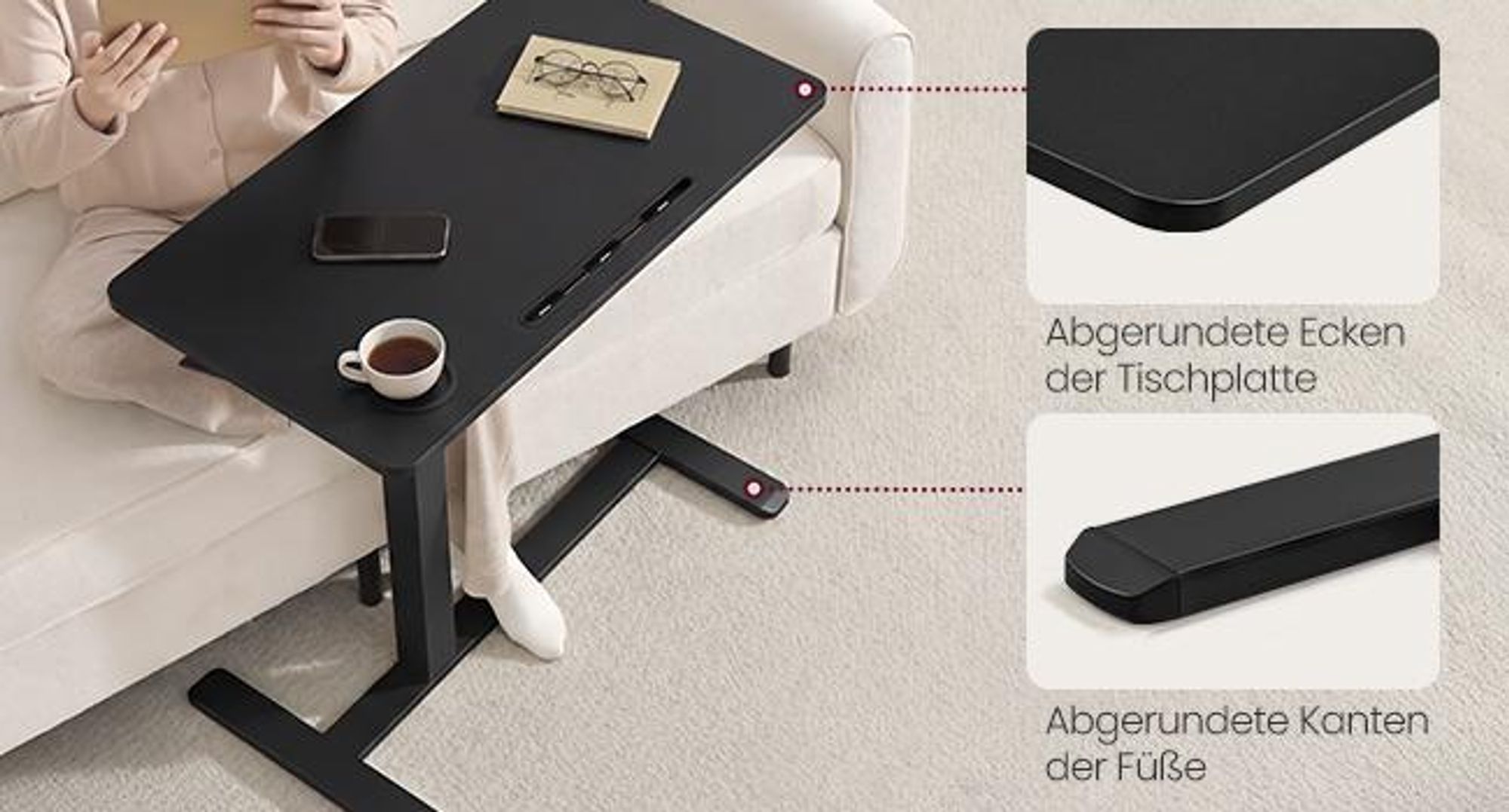 VASAGLE Stehtisch, Beistelltisch mit Rollen, 80 x 45 cm Tischplatte, verstellbar, 2 Getränkehalter, schwarz