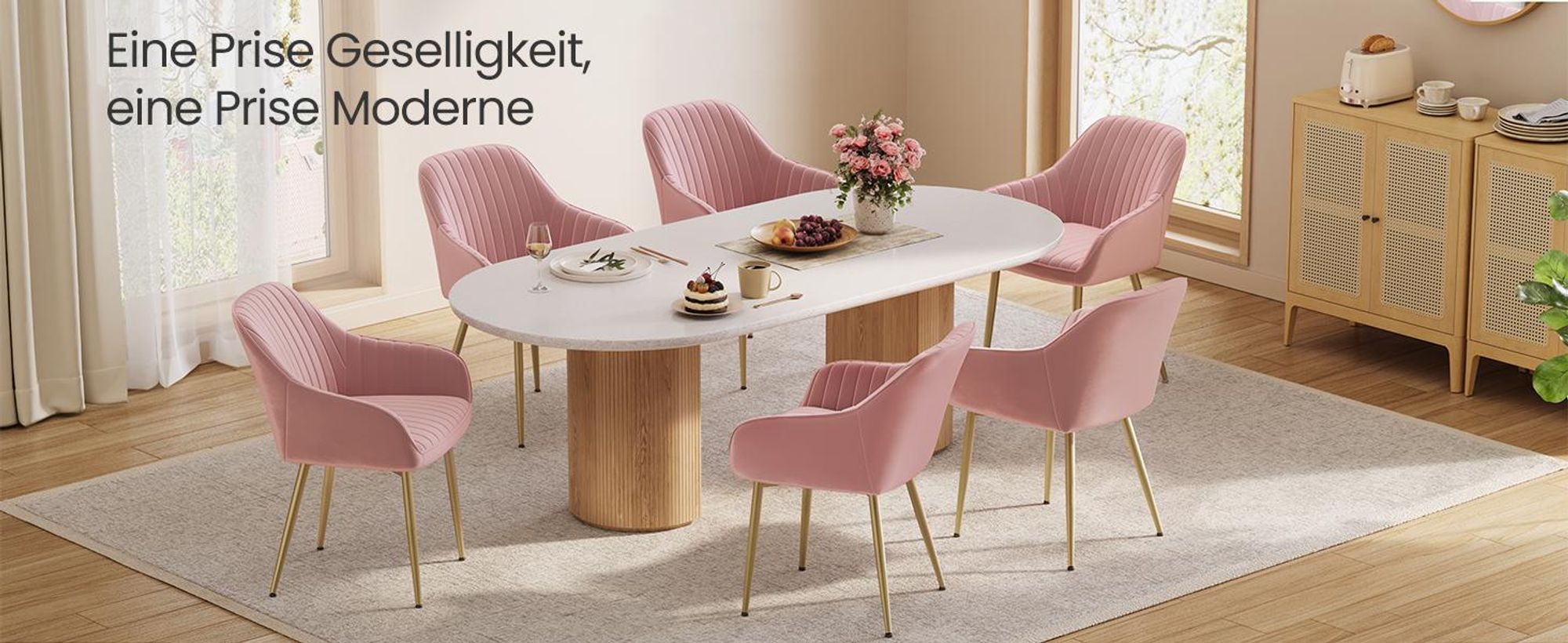 SONGMICS Polsterstuhl mit Metallbeine, Samt, Pastellrosa-Blassgold (2er-Set)