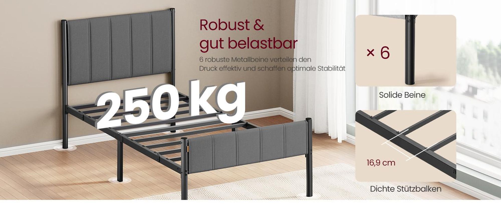 VASAGLE Einzelbett, Bettgestell, 90 x 200 cm, mit gepolstertem Kopfteil, Bettrahmen, Stahl, trägt bis zu 250 kg, grau