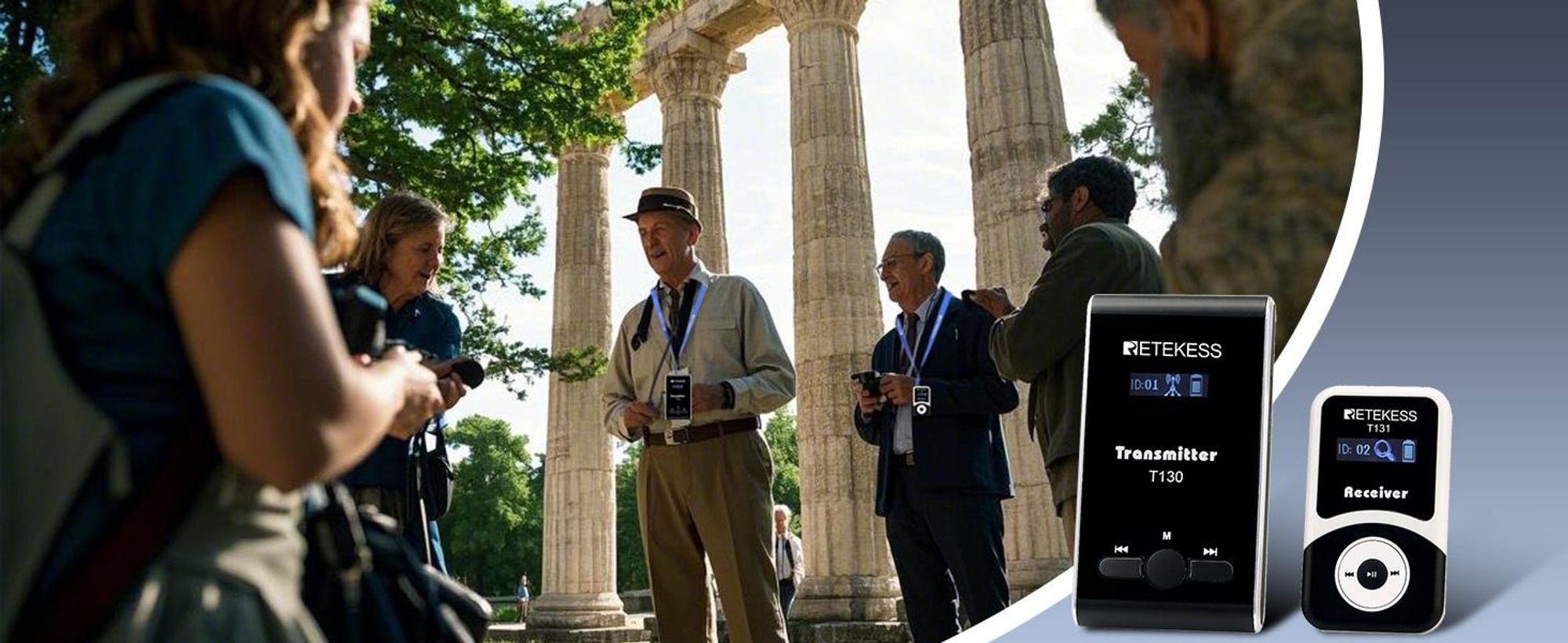 Retekess T130-T131 Tour Guide System, Audioguides, 99 Kanäle, mit Headset mit TT006 64 Slot Ladekoffer für Tourismus (5 Sender 80 Empfänger)