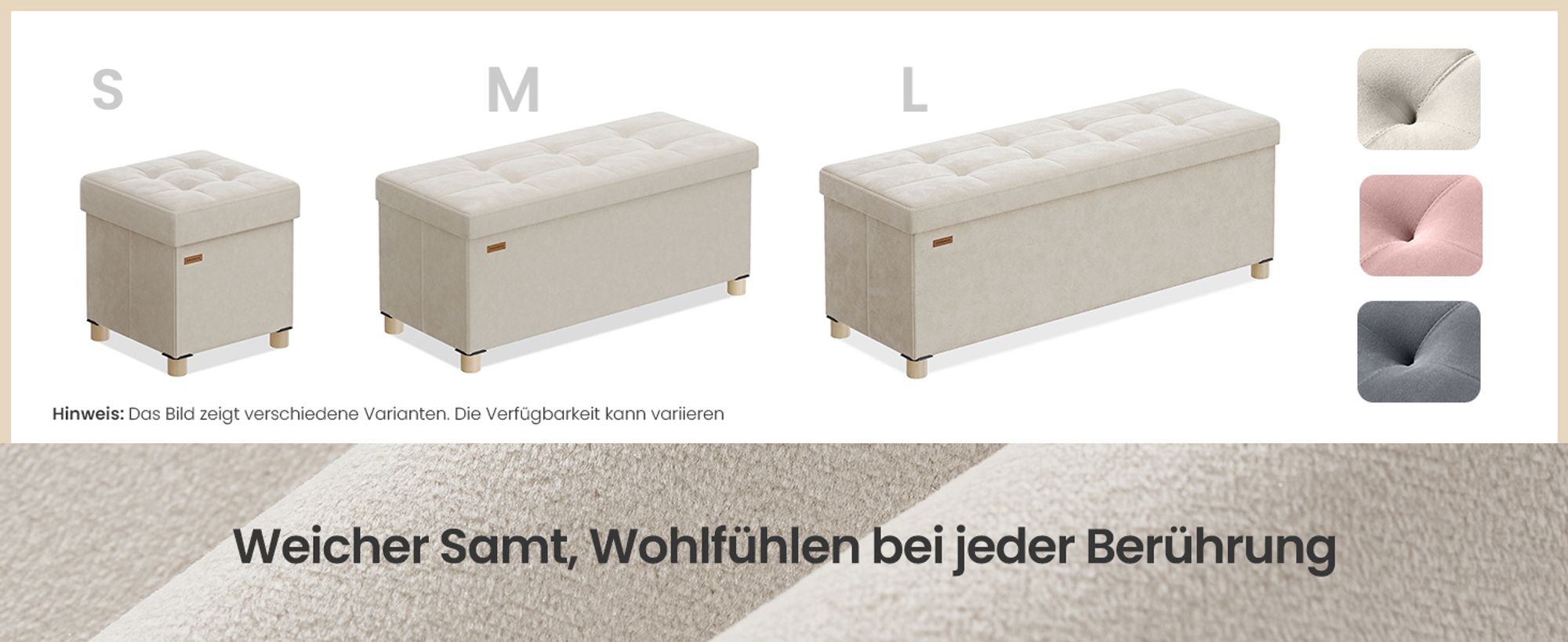 SONGMICS Sitzhocker mit Stauraum, Hocker faltbar, 38 x 38 x 40 cm, Aufbewahrungsbox mit Deckel, Fußhocker 37 L, Samt, bis 300 kg belastbar
