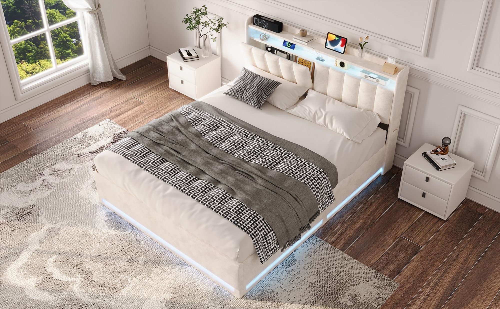 INONEFT Boxspringbett 140×200 mit LED &USB ,Polsterbett mit Stauraum,Hydraulisches Doppelbett, Samt, Beige.
