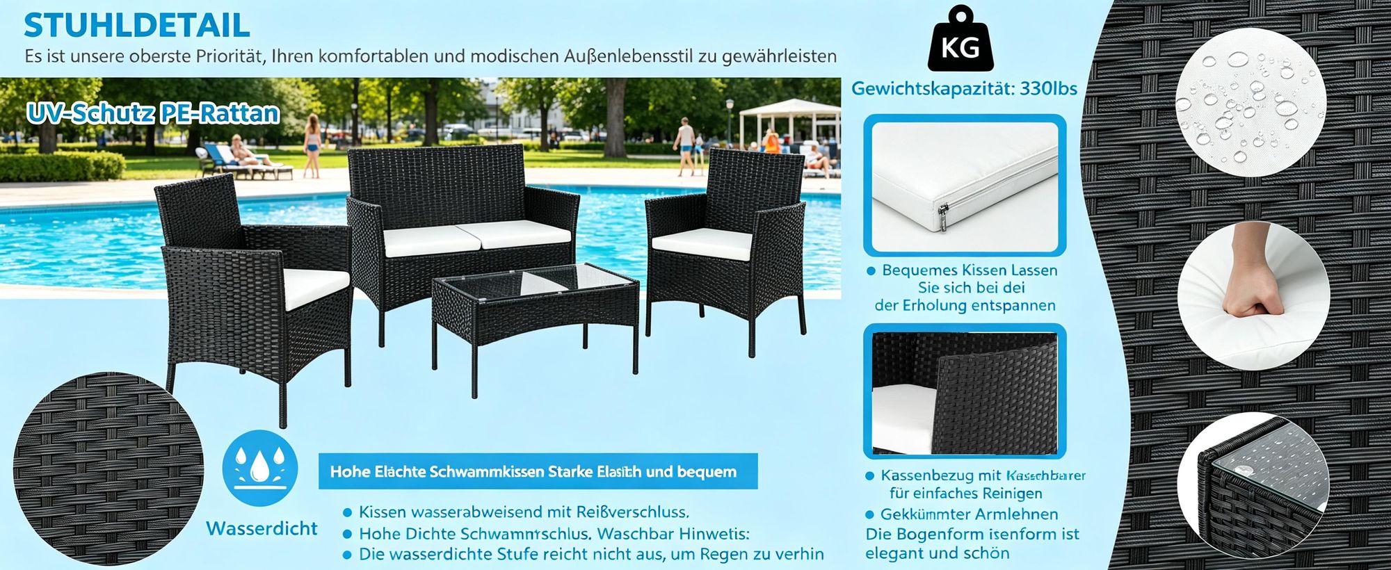 FCH Gartenmöbel Set,Polyrattan Lounge Gartengarnitur,Sofa & 2 Stühle - Schwarz