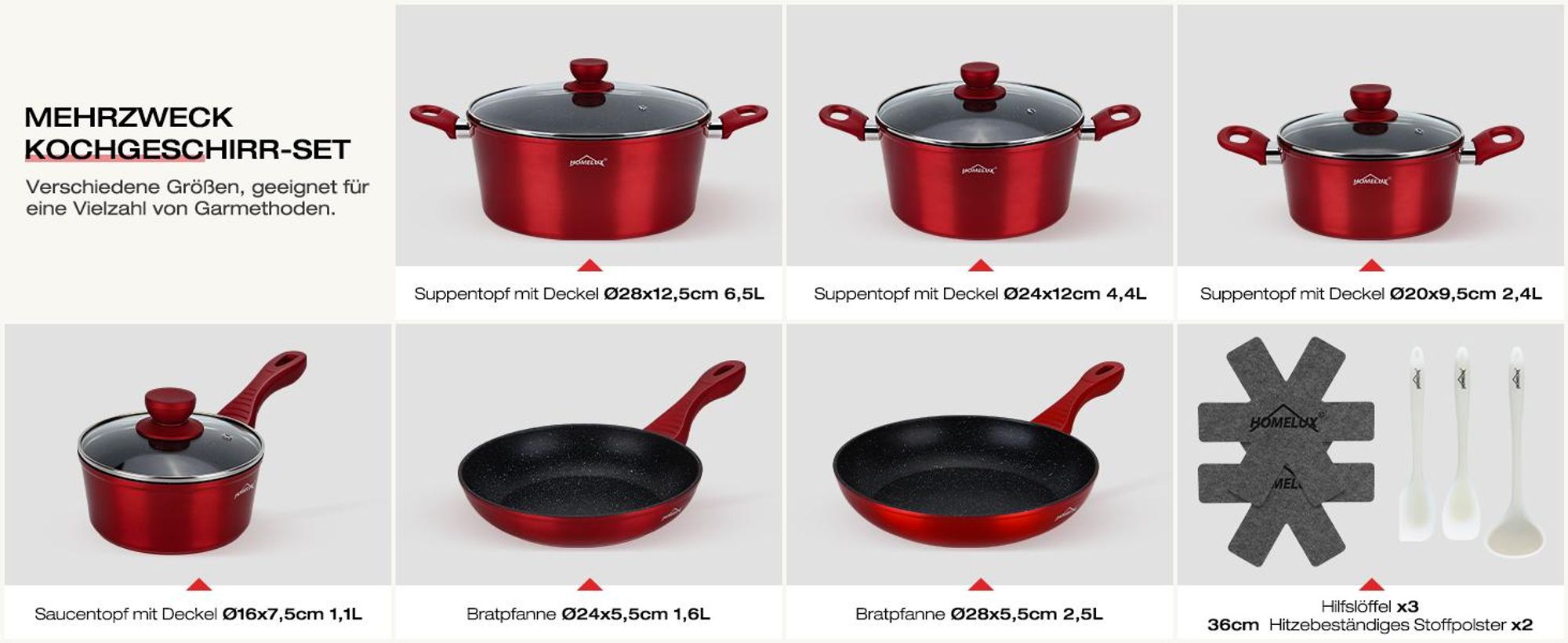 Topfset Induktion 15-Tlg Topfset Pfannenset Kochtopfset, Aluminium Antihaft-beschichtete Töpfe & pfannen,Cookware-Rot(HLCW15RD)