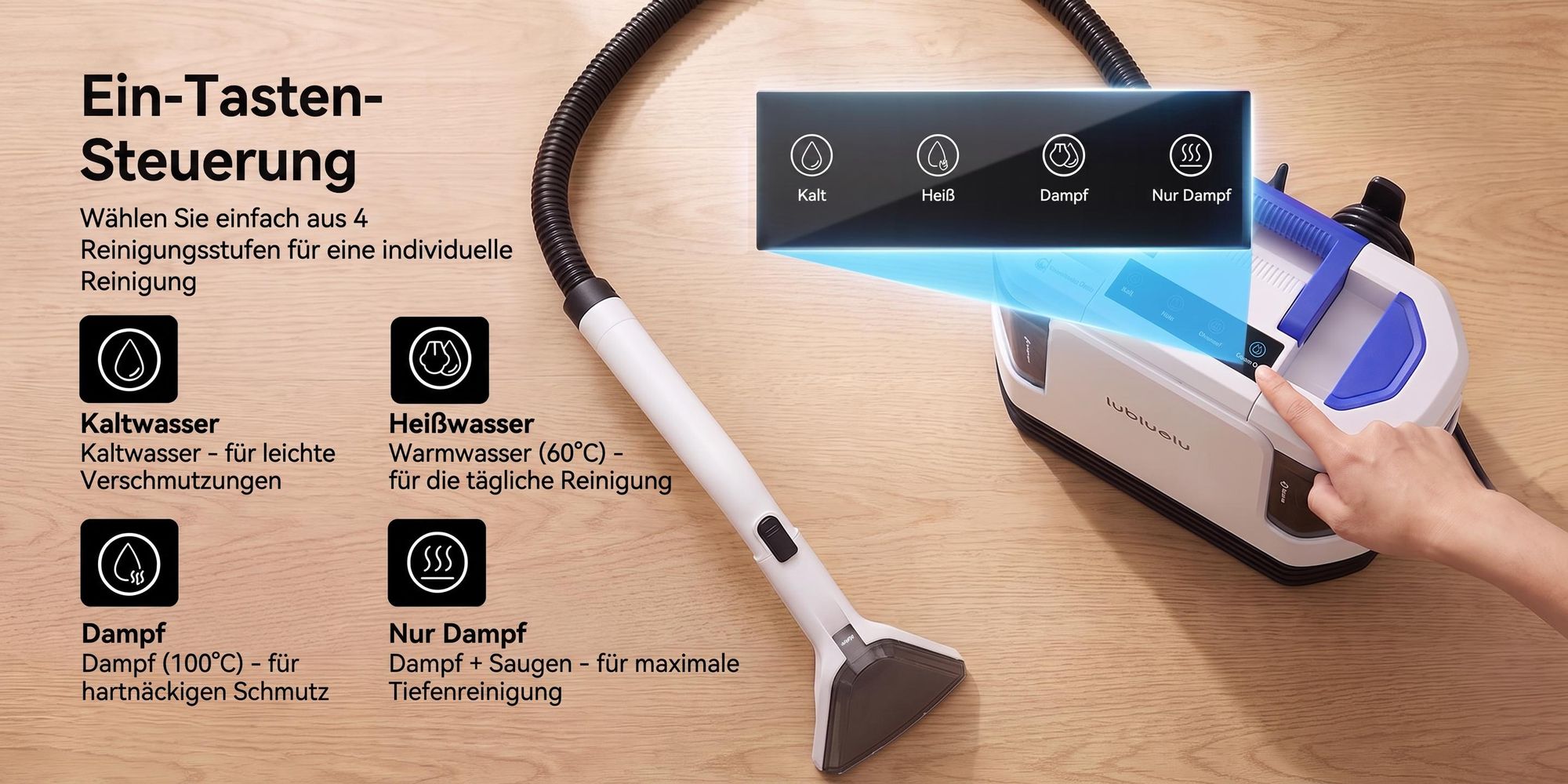 Lubluelu V11 Polsterreiniger Waschsauger Teppichreiniger 30KPa Dampffunktion 4 Modi 1900W mit 1,9L+1,1L Doppeltank für Sofa Auto Matratze Touchdisplay