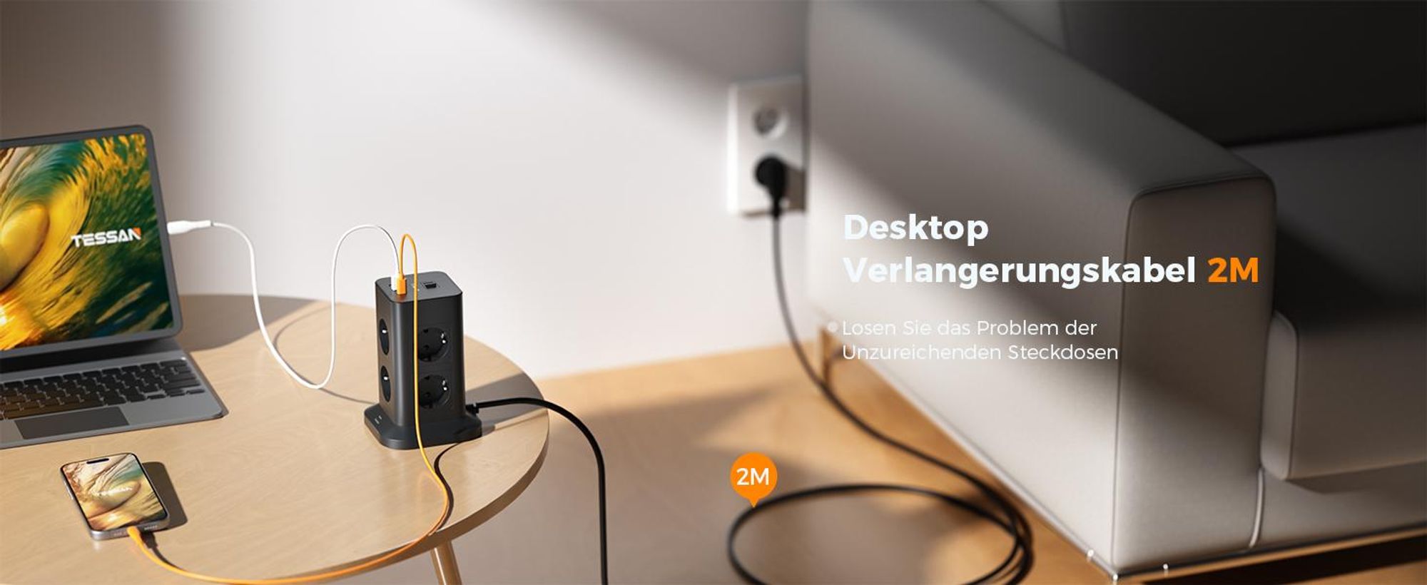 Mehrfachsteckdose 8 Fach Steckdosenleiste mit 1 USB C und 2 USB A Kabel 2M