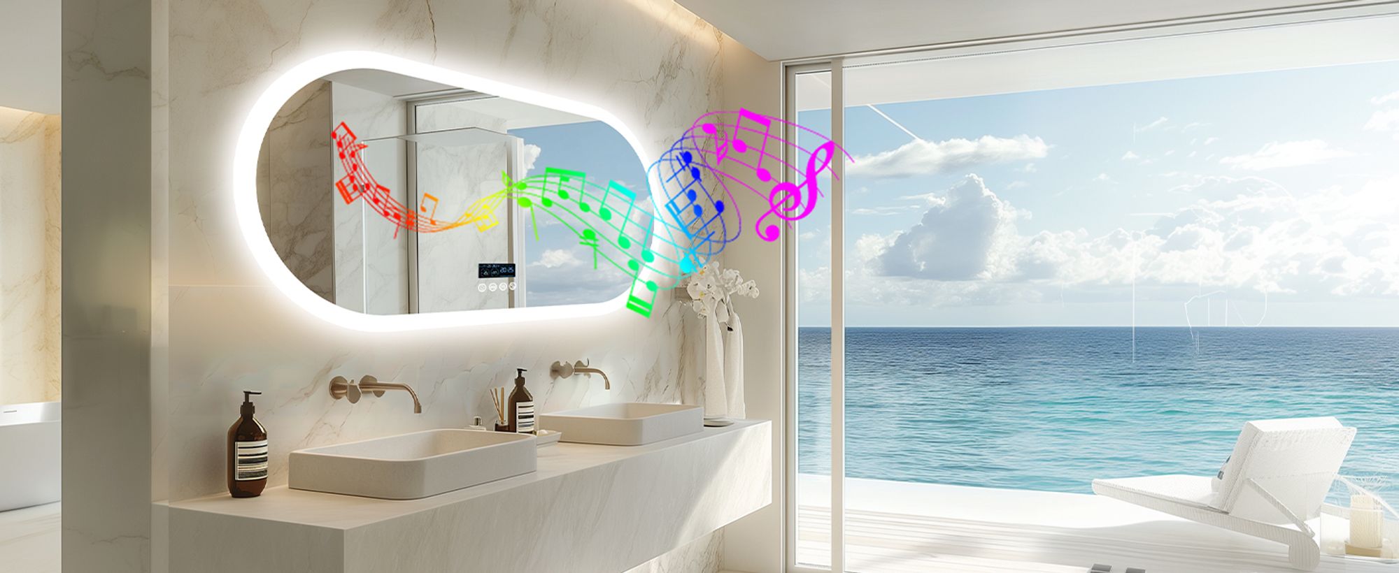 WISFOR LED Badspiegel mit Bluetooth Lautsprecher, 120x60cm Badezimmerspiegel mit Beleuchtung 3 Lichtfarbe, LED Wandspiegel dimmbar beschlagfrei