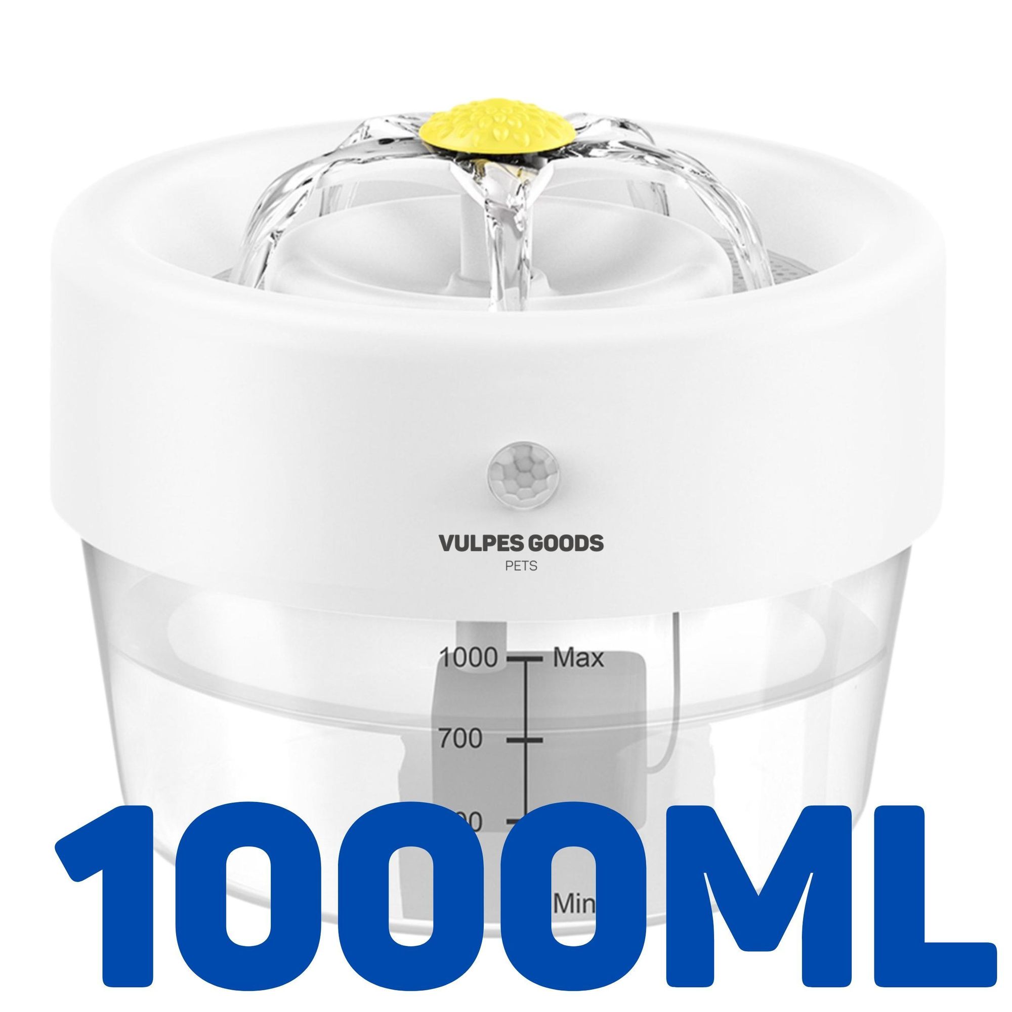Vulpes Goods Drahtloser Trinkbrunnen für Katzen - 1L | Wiederaufladbar - Katzenbrunnen mit Batterie | 360° Katzen Wasserspender mit Bewegungsmelder