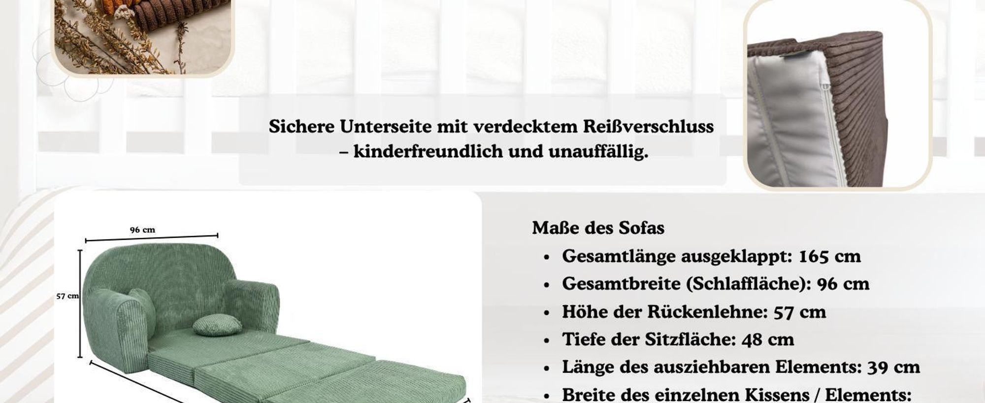 Kindersofa groß Cord in Dunkelblau mit Verlängerung, bequem & klappbar