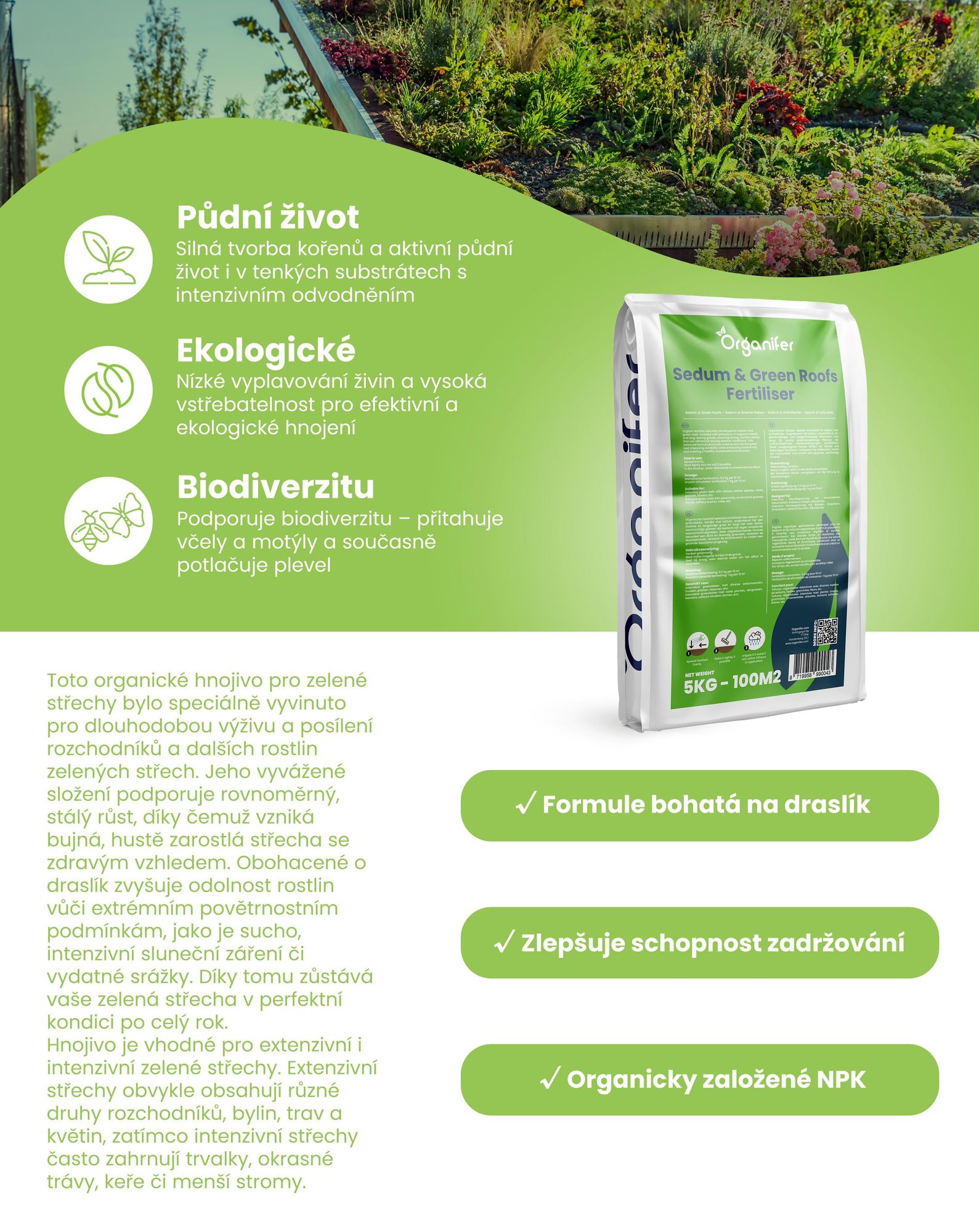 Hnojivo pro rozchodníky a zelené střechy - 10 kg na 200 m2 - Organifer