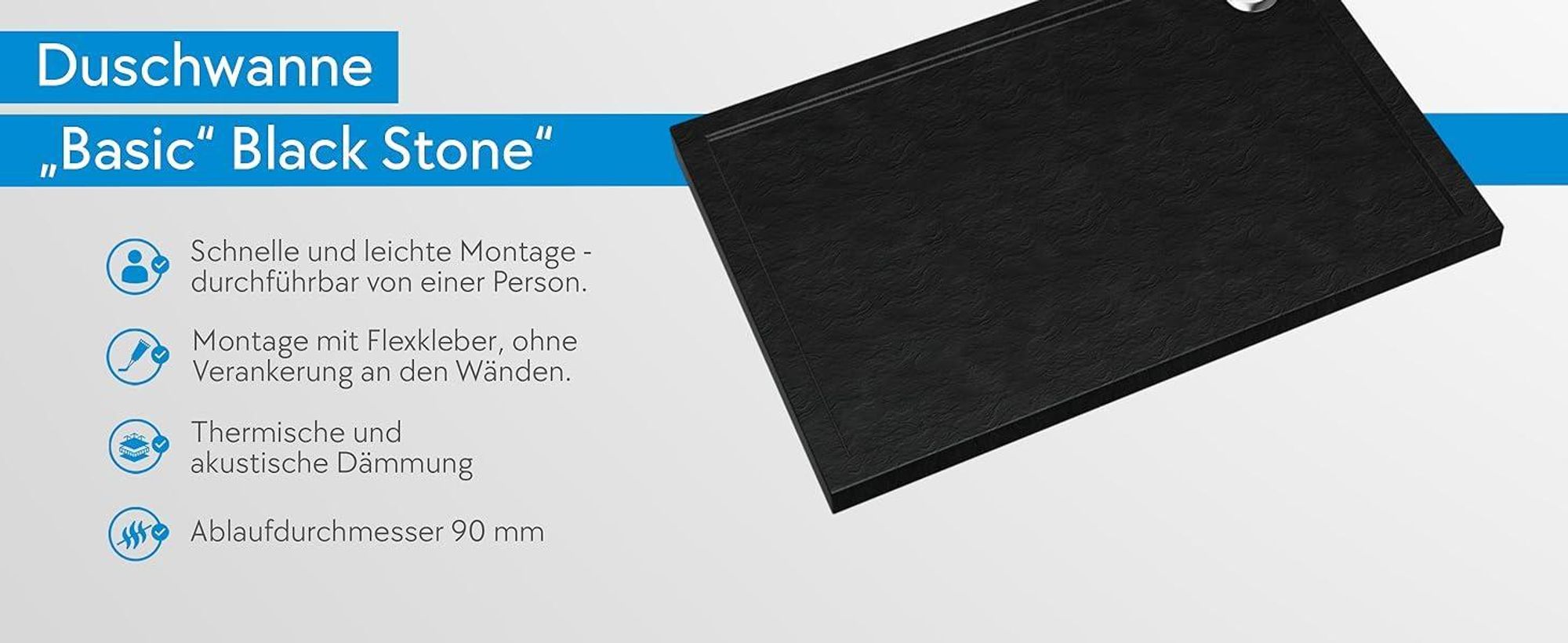 AQUABAD® Duschwanne Basic Black Stone 90x100cm Rechteck
