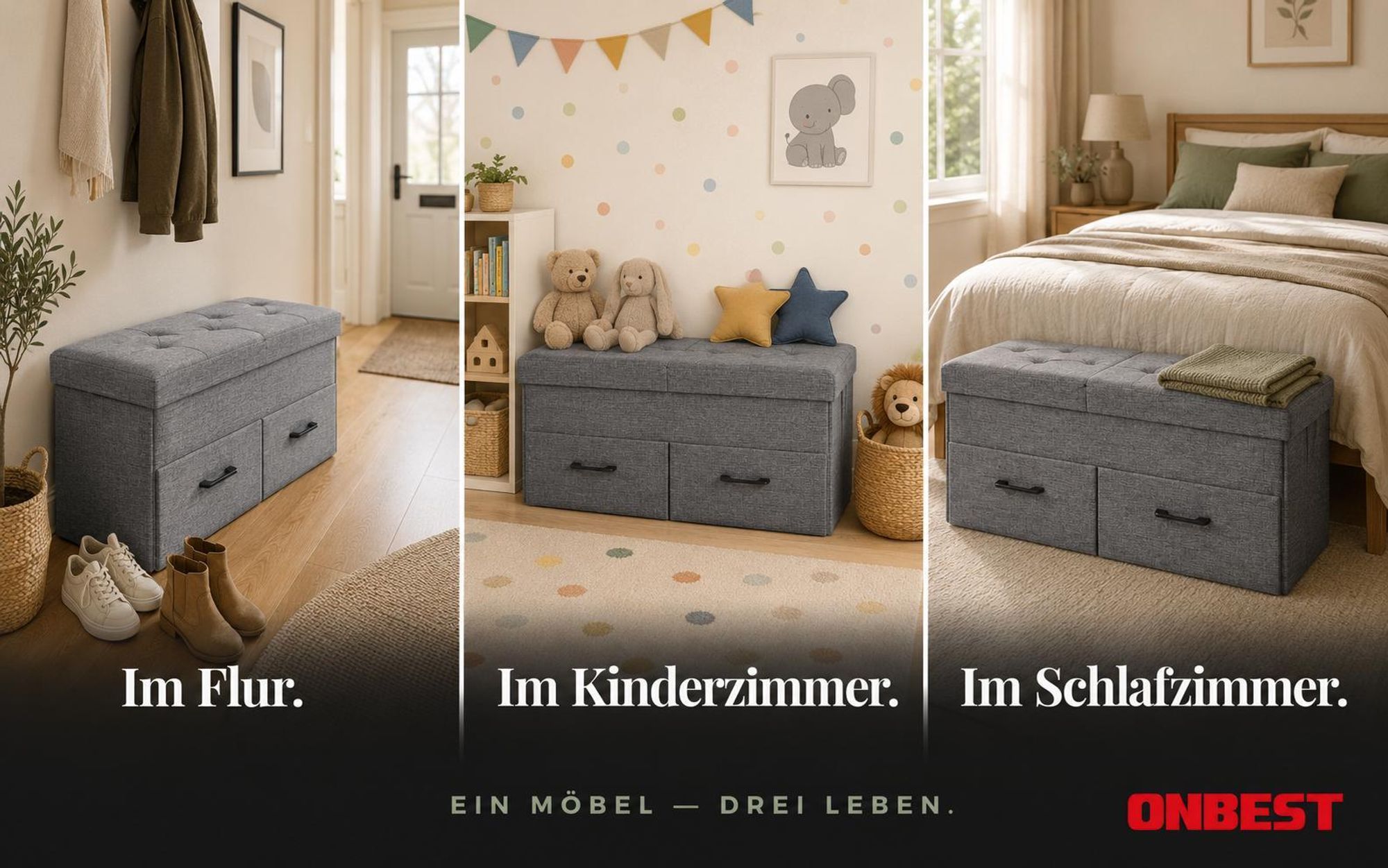 ONBEST Sitzbank mit Stauraum | 2 Schubladen | Grau | 110 kg | 77x40x38 cm (BxHxT) | Leinenoptik | klappbarer Deckel | gepolstert