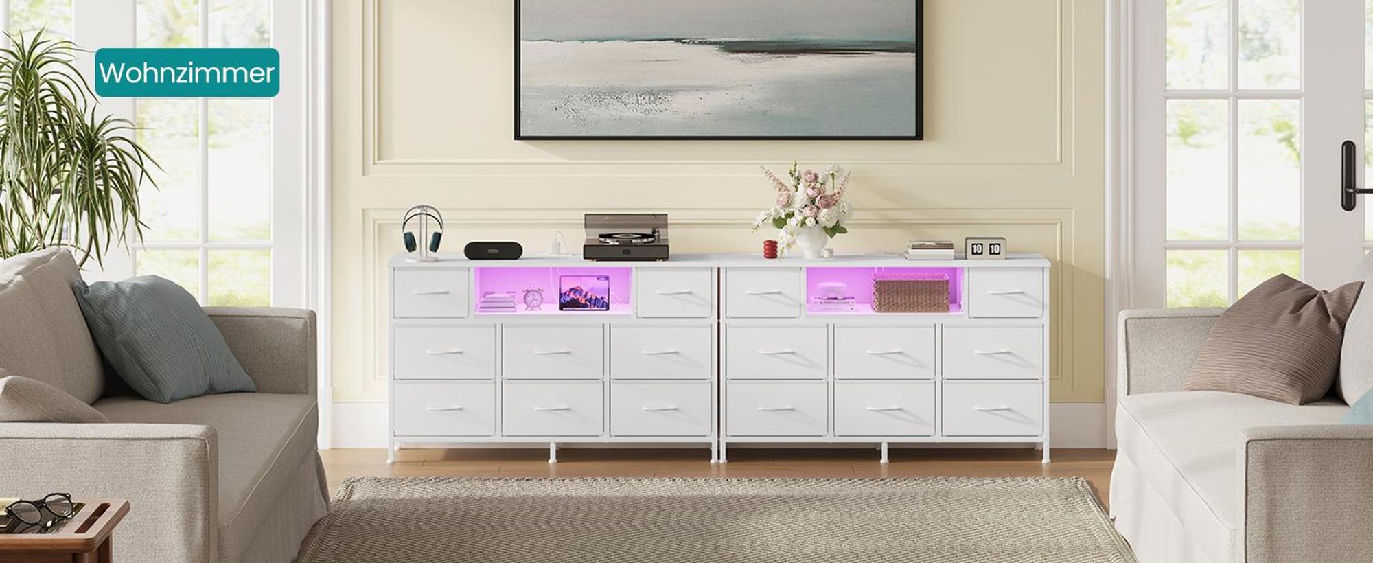 SONGMICS Kommode mit 8 Stoffschubladen, TV-Schrank mit LED und Steckdosen, 113,8 x 30 x 68,1 cm, Weiß