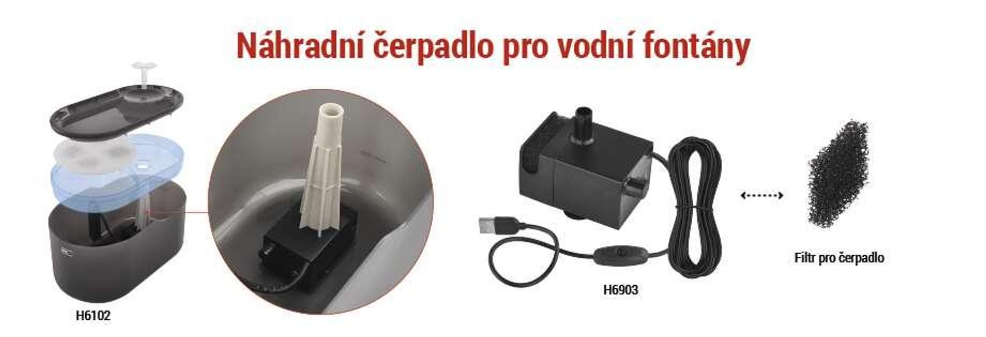 EMOS GoSmart Náhradní čerpadlo pro smart fontánu pro kočky vč. kabelu a pěnového filtru, Pet Care vodní čerpadlo pro fontánu GoSmart EMOS H6102