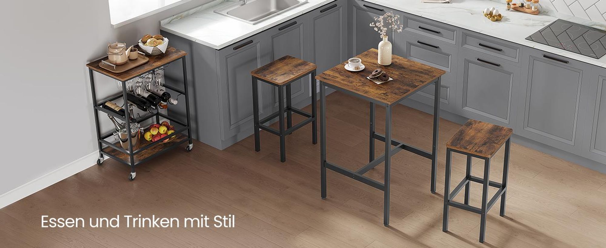 VASAGLE Bartisch-Set mit 2 Barhockern, stehtische, bistrotische, 60 x 60 x 90 cm, Vintagebraun