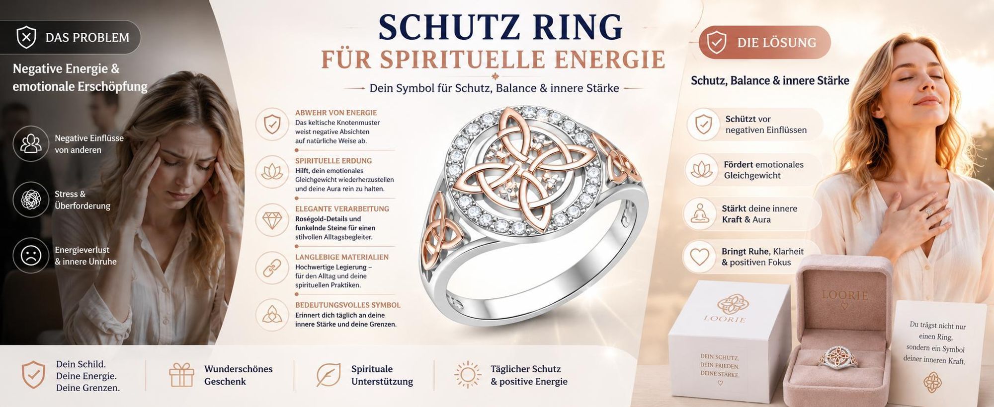 Hexenknoten Ring für Damen mit Schutzsteinen, Roségold-Knoten Damenring, Stimmungsring - LOORIE 6