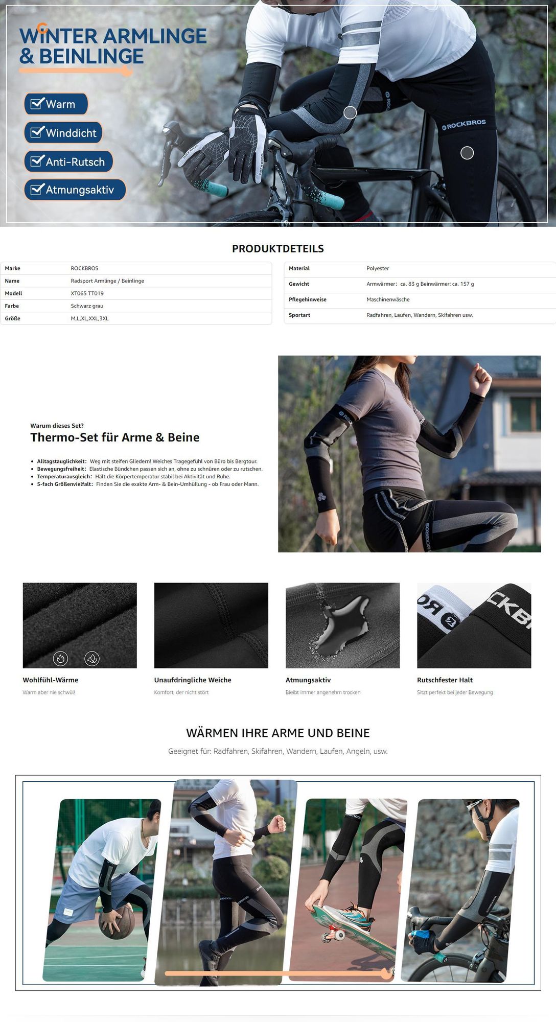 ROCKBROS Winter Beinwärmer Rutschfest Knieschutz für Radsport Outdoor Damen Herren XL