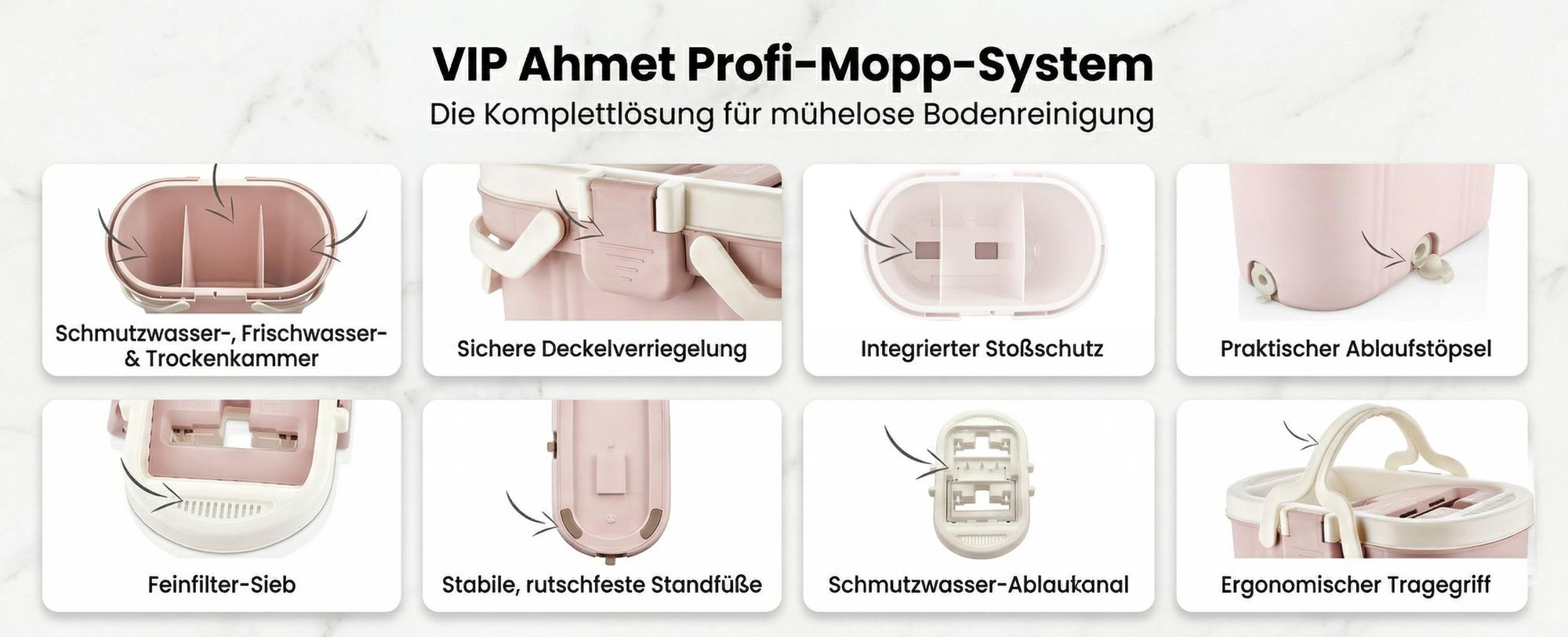 VIP Ahmet Profi-Mopp-System: Komplettlösung für mühelose Bodenreinigung mit 8 Detail-Features.